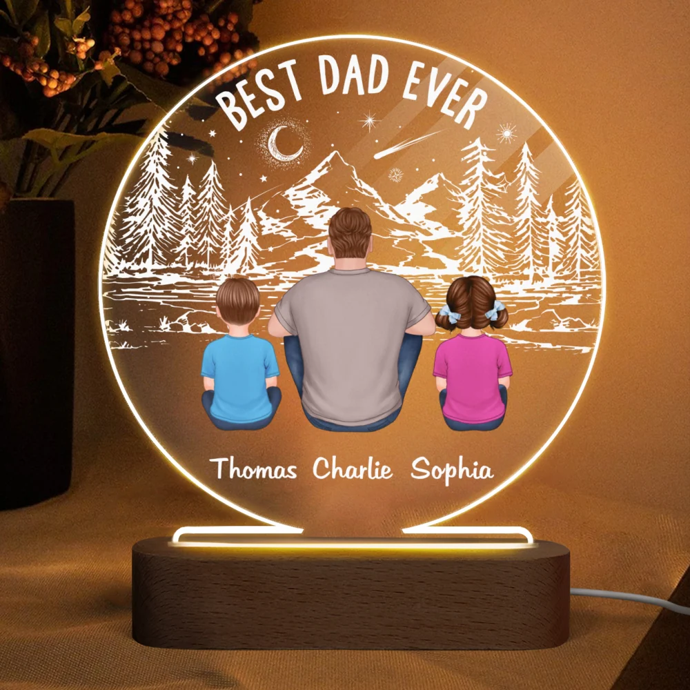 Best Dad Ever Mountain Forest Personalized Circle LED Night Light - Image 4