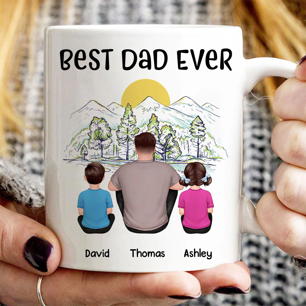 Best Dad Ever Mountain Sketch Back View Man Kids Dog Cat Personalized Mug