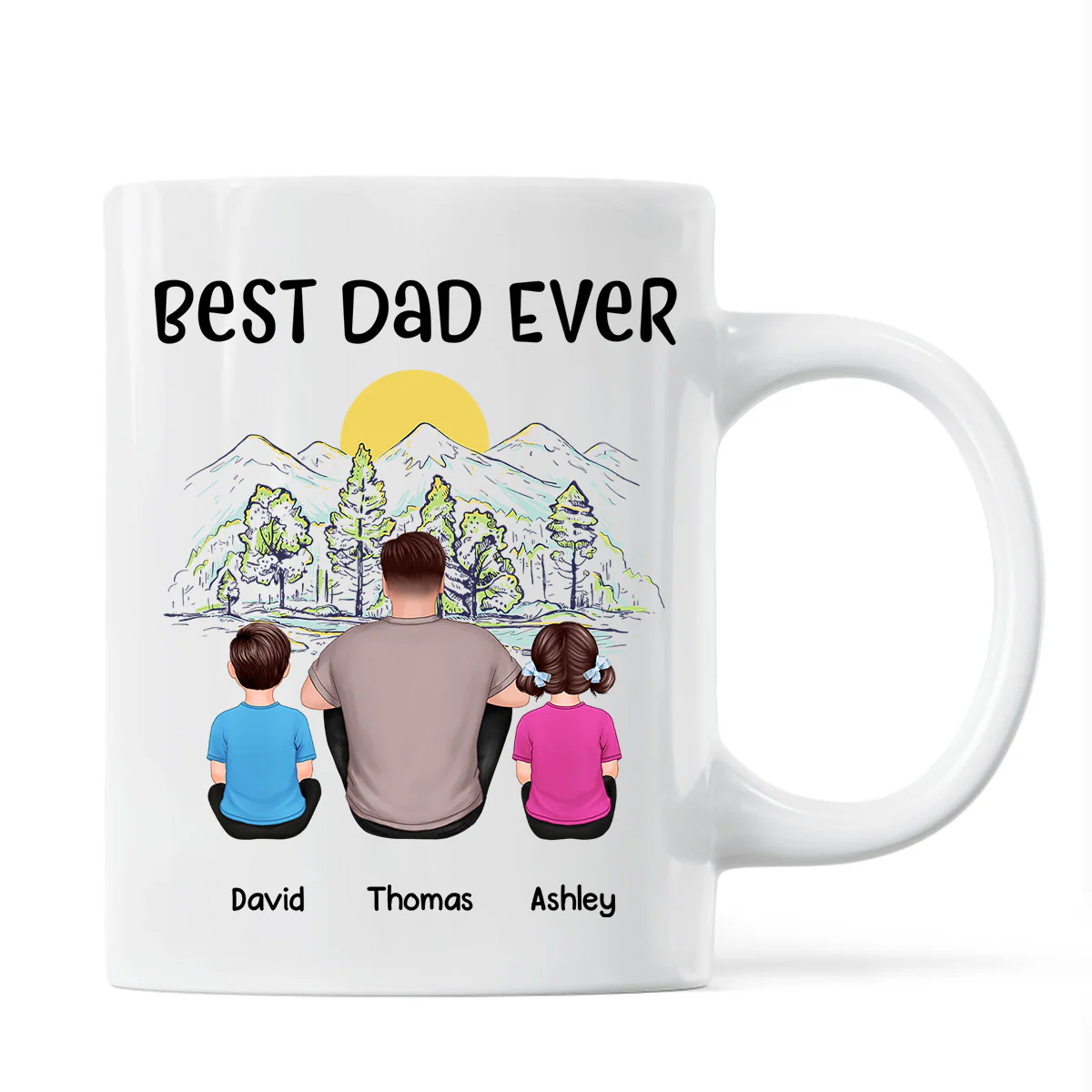Best Dad Ever Mountain Sketch Back View Man Kids Dog Cat Personalized Mug - Image 2