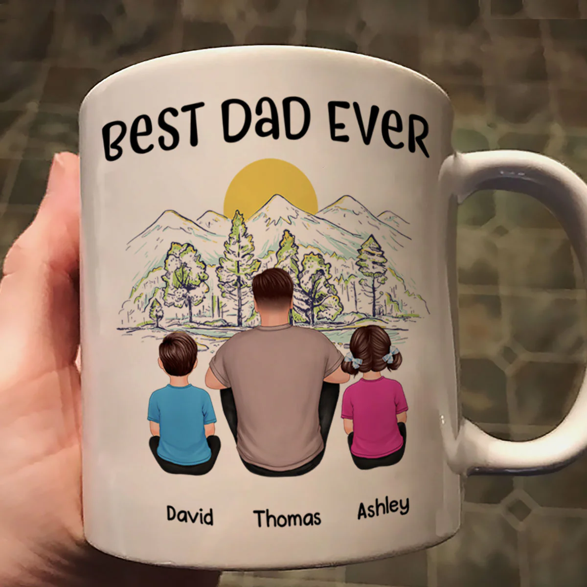 Best Dad Ever Mountain Sketch Back View Man Kids Dog Cat Personalized Mug - Image 3