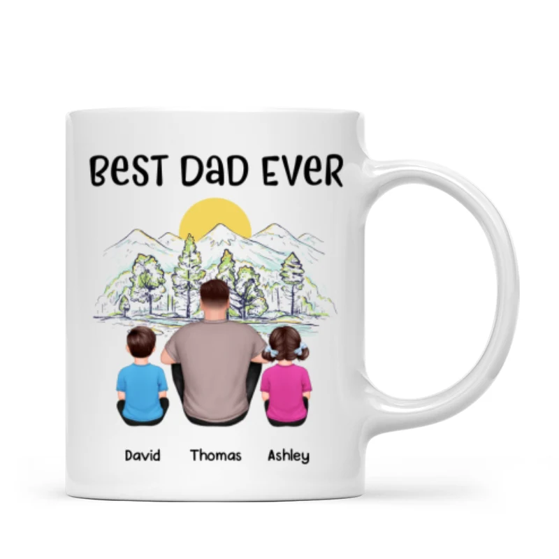 Best Dad Ever Mountain Sketch Back View Man Kids Dog Cat Personalized Mug - Image 4