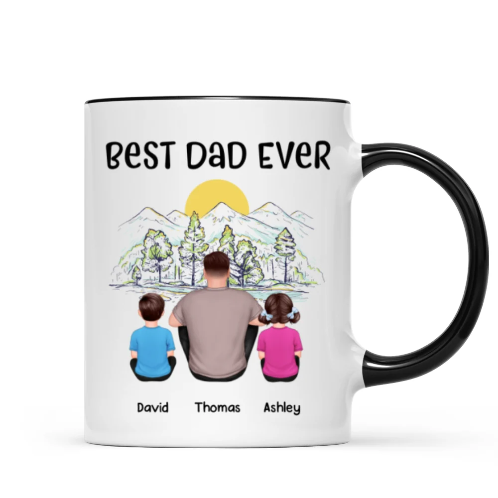 Best Dad Ever Mountain Sketch Back View Man Kids Dog Cat Personalized Mug - Image 5