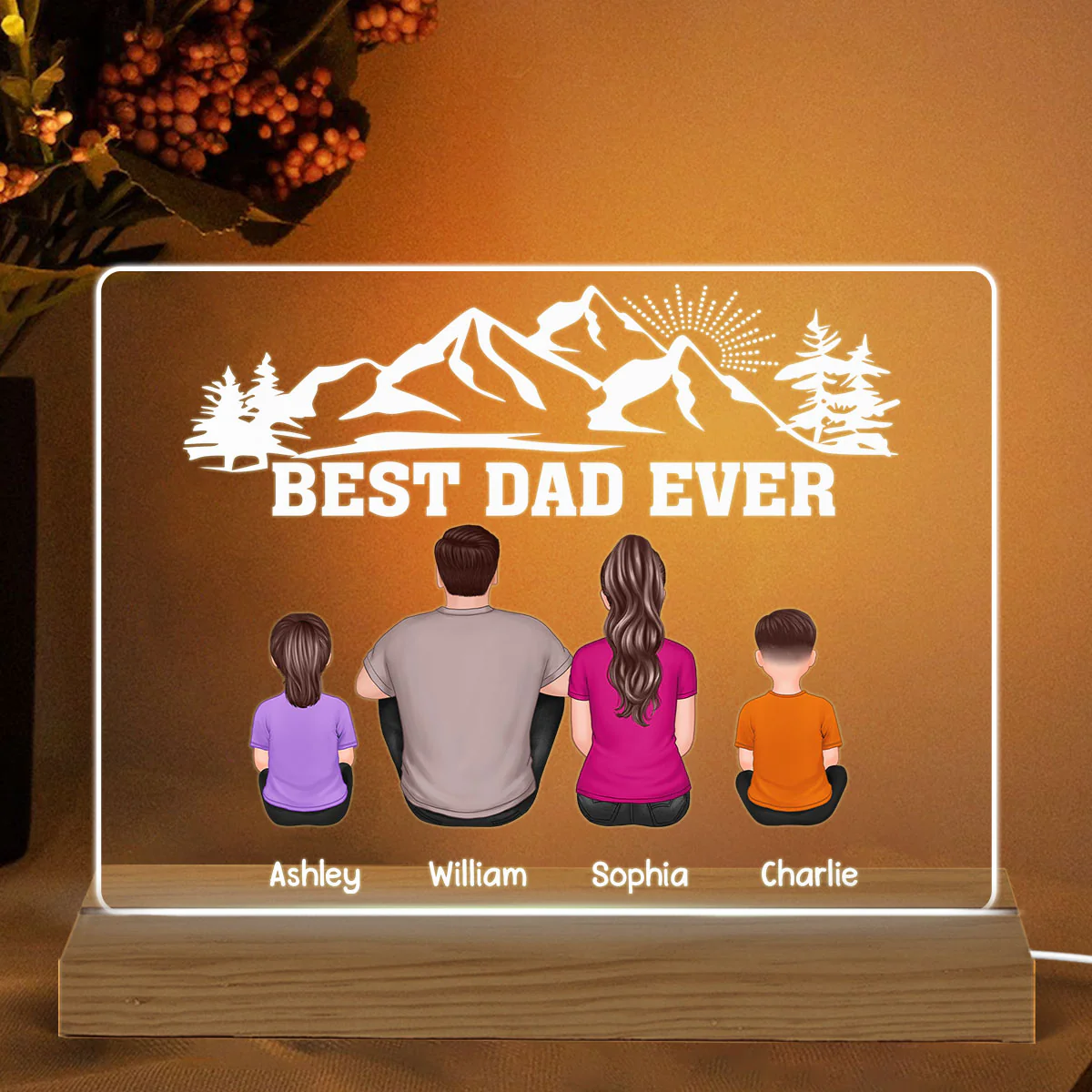 Best Dad Ever Mountain Sunlight Personalized Custom Shape Warm LED Night Light - Image 2