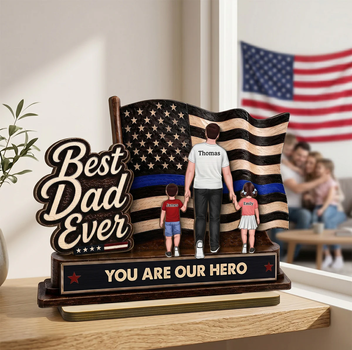 Best Dad Ever Our Hero American Flag 2D Flat - Personalized 2-Layered Wooden Plaque - Gift For Patriotic Dad, Grandpa, Husband - Image 5