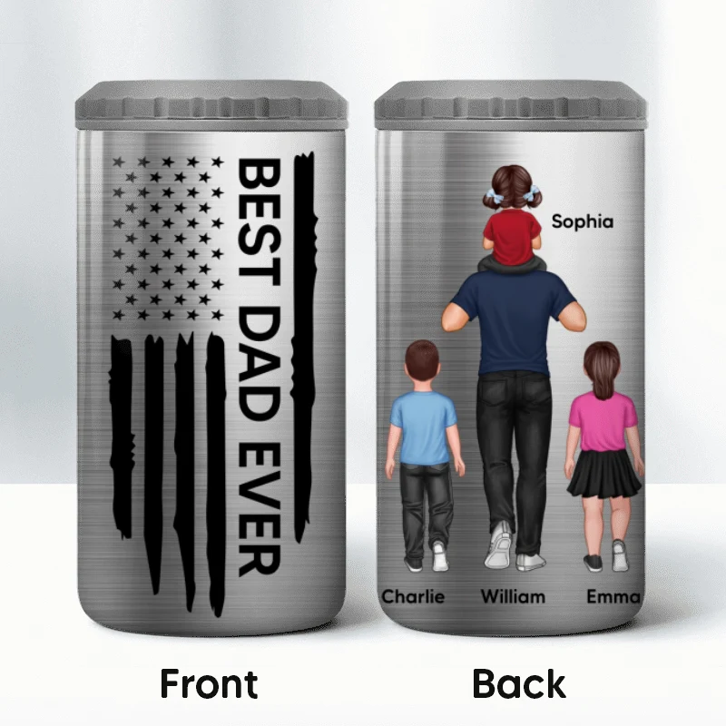 Best Dad Ever Piggy Back Man & Kids Nation Flag Father‘s Day Gift For Husband Father Figures Personalized 4 In 1 Can Cooler - Image 11