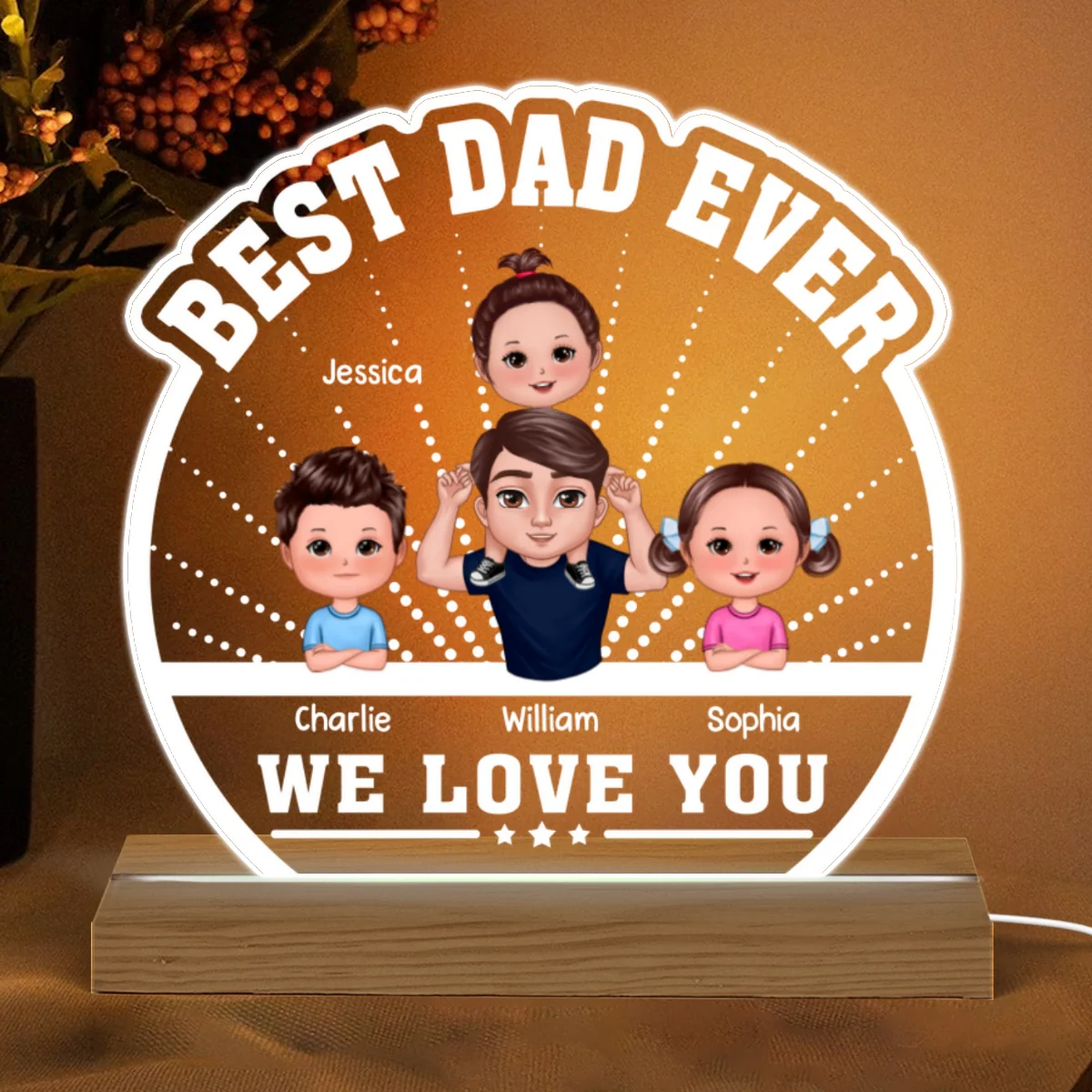 Best Dad Ever Piggyback Doll Dad & Kids Personalized Custom Shaped Acrylic Plaque With Warm LED Night Light - Image 4