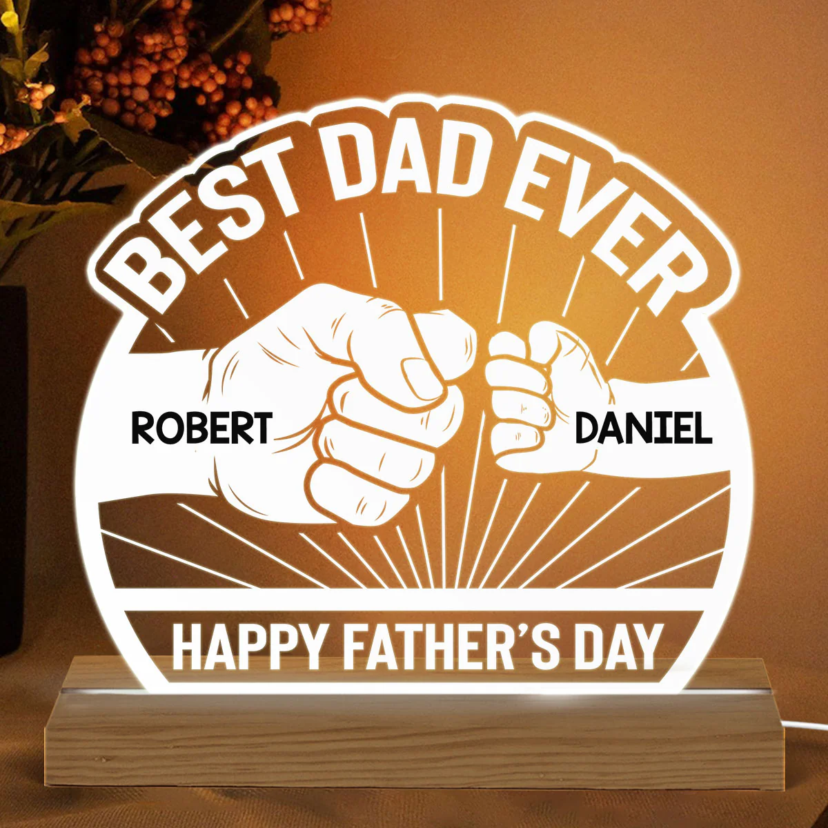 Best Dad Ever Punch Hands Personalized Acrylic Custom Shape LED Night Light - Image 2