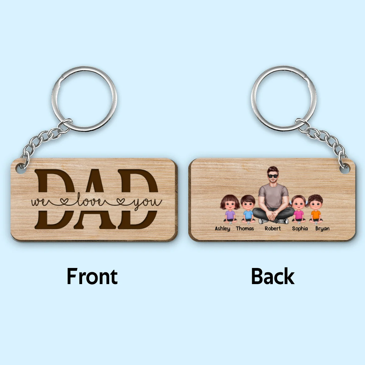 Best Dad Ever Realistic Man Sitting & Doll Kids Personalized Wooden Keychain - Image 4