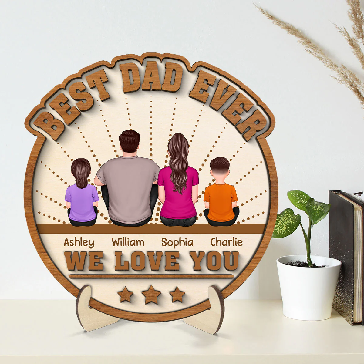 Best Dad Ever Sitting Back View Personalized 2-layer Wooden Plaque - Image 2
