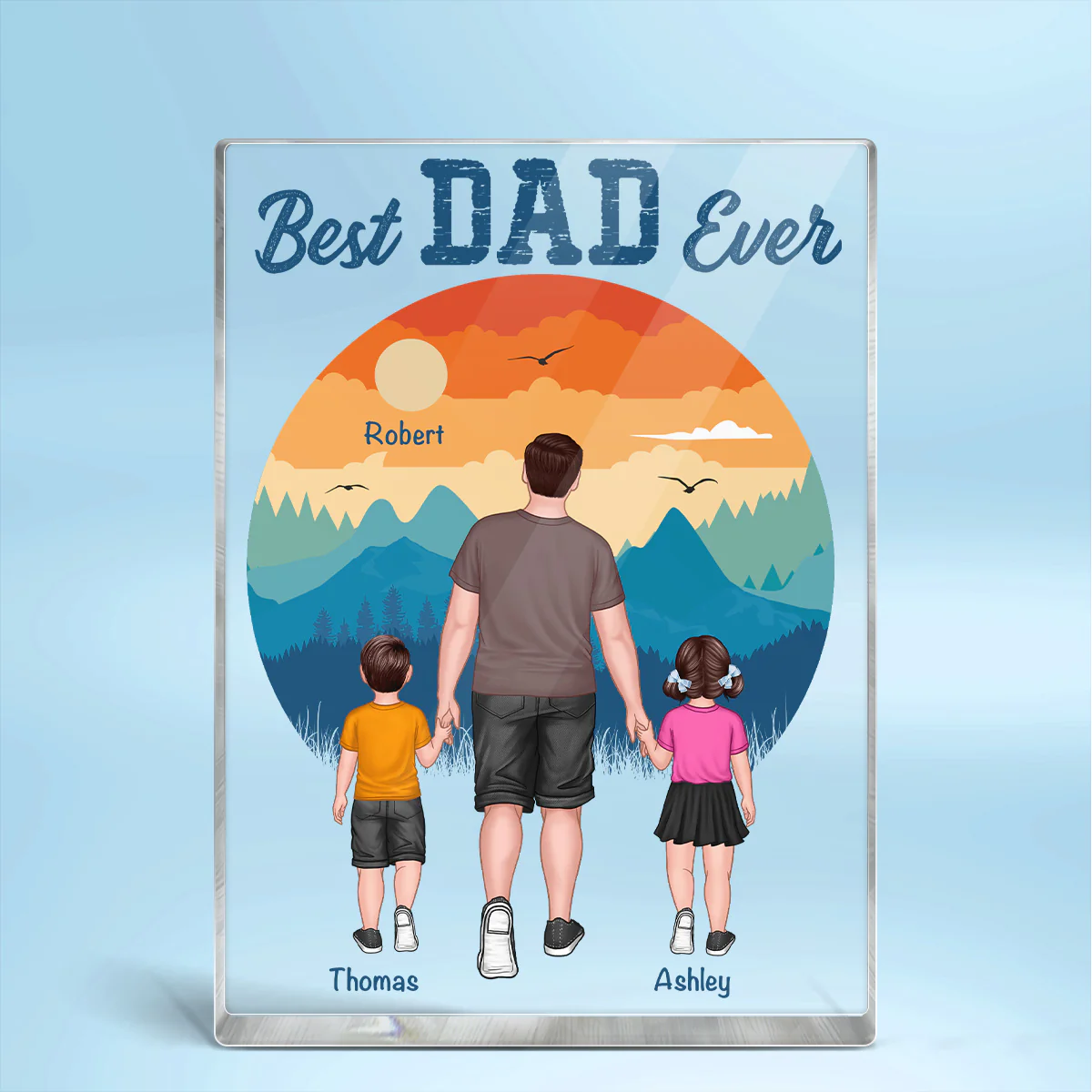 Best Dad Ever Walking Dad And Kids Retro Background Personalized Rectangle Acrylic Block Plaque - Image 2