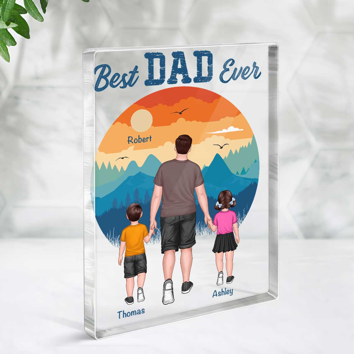 Best Dad Ever Walking Dad And Kids Retro Background Personalized Rectangle Acrylic Block Plaque - Image 3