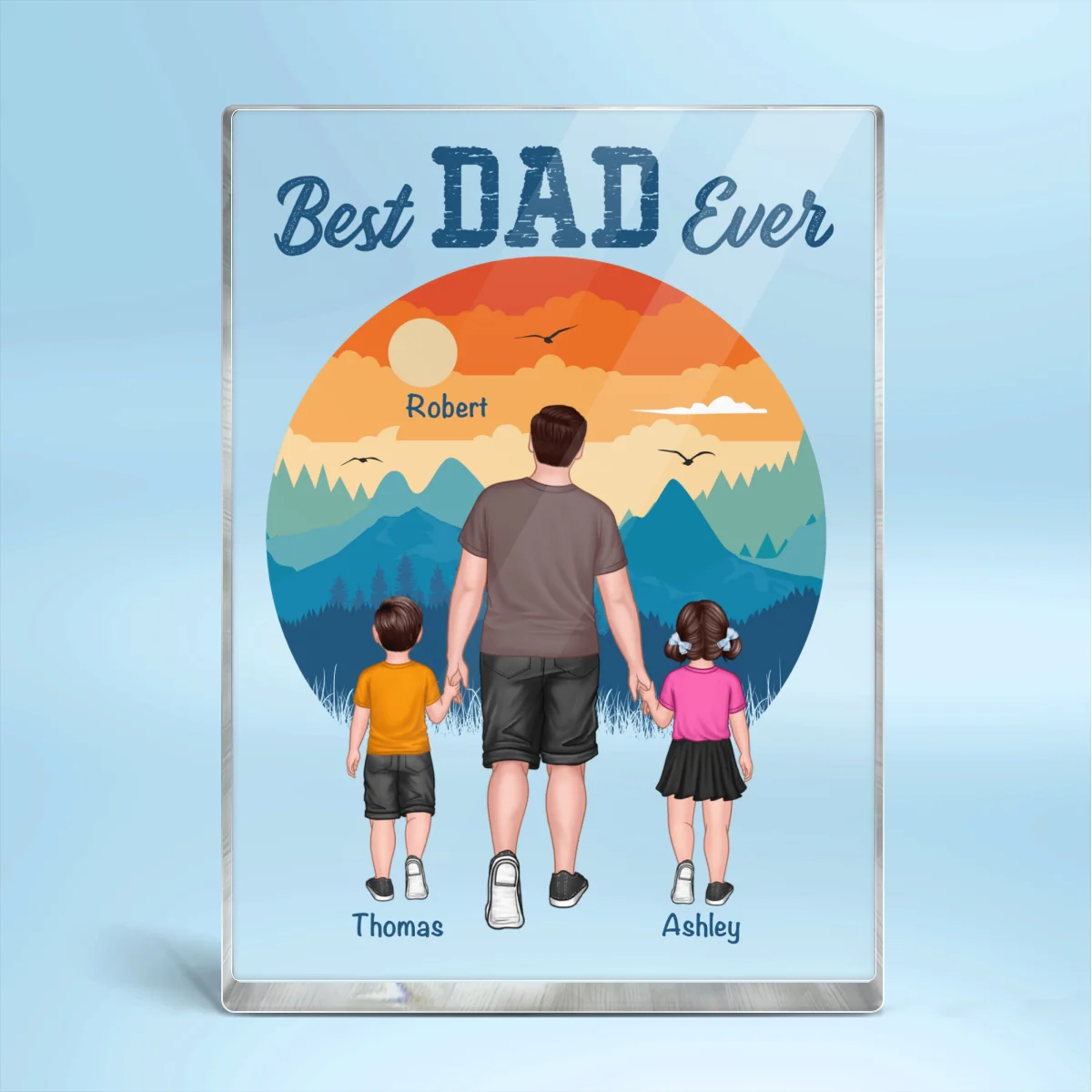 Best Dad Ever Walking Dad And Kids Retro Background Personalized Rectangle Acrylic Block Plaque - Image 4
