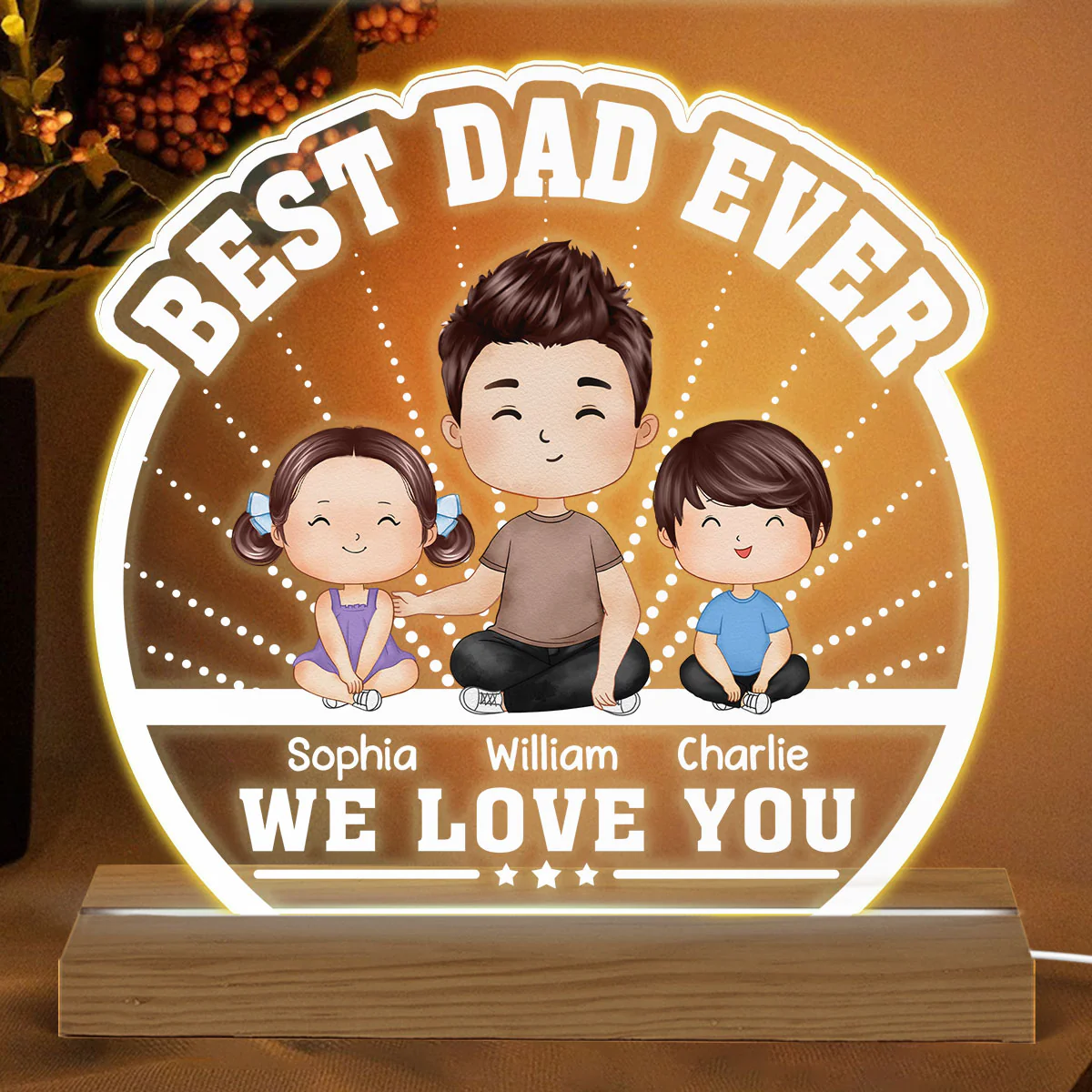 Best Dad Ever Watercolor Dad & Kids Sitting Personalized Custom Shaped Acrylic Plaque With Warm LED Night Light - Image 2