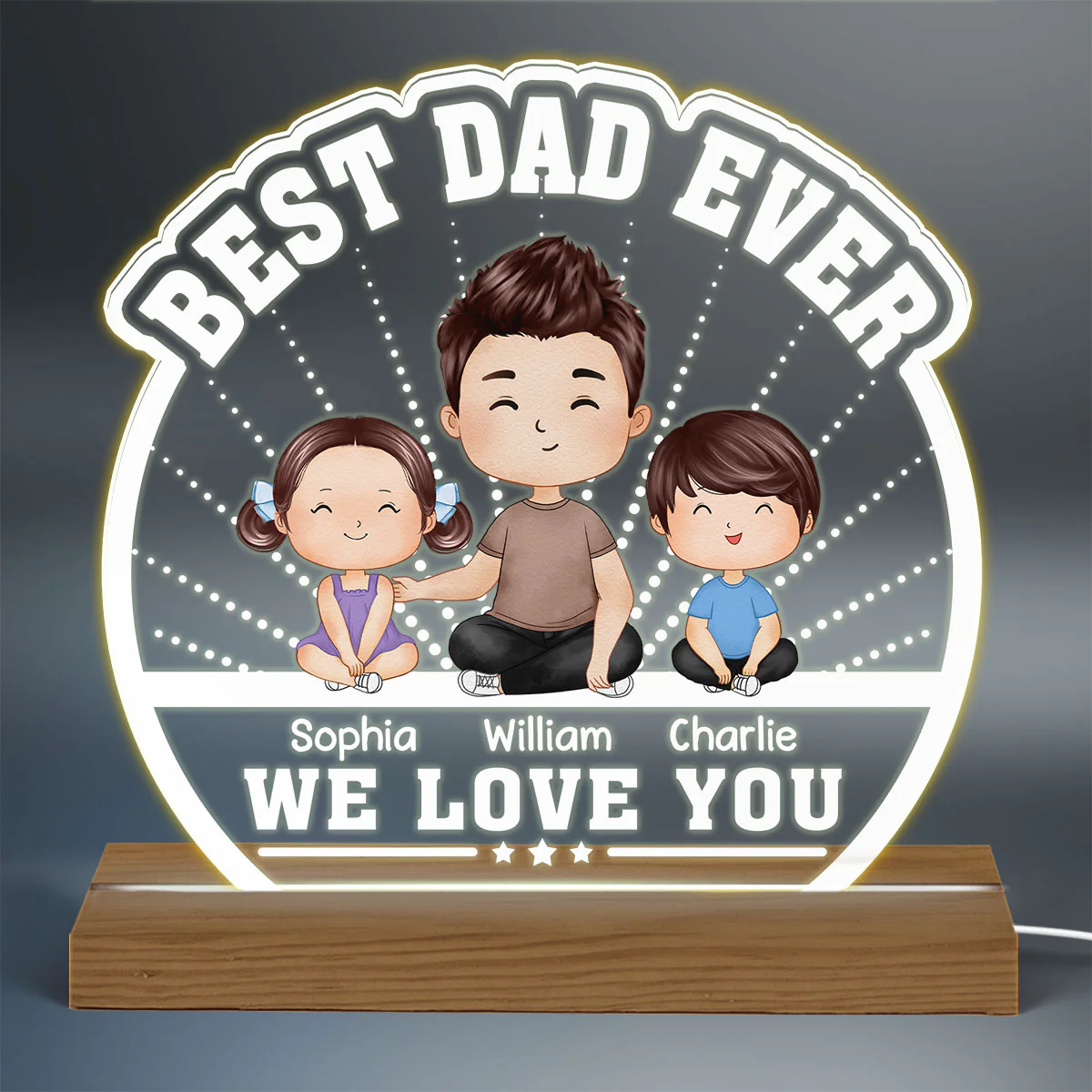 Best Dad Ever Watercolor Dad & Kids Sitting Personalized Custom Shaped Acrylic Plaque With Warm LED Night Light - Image 3
