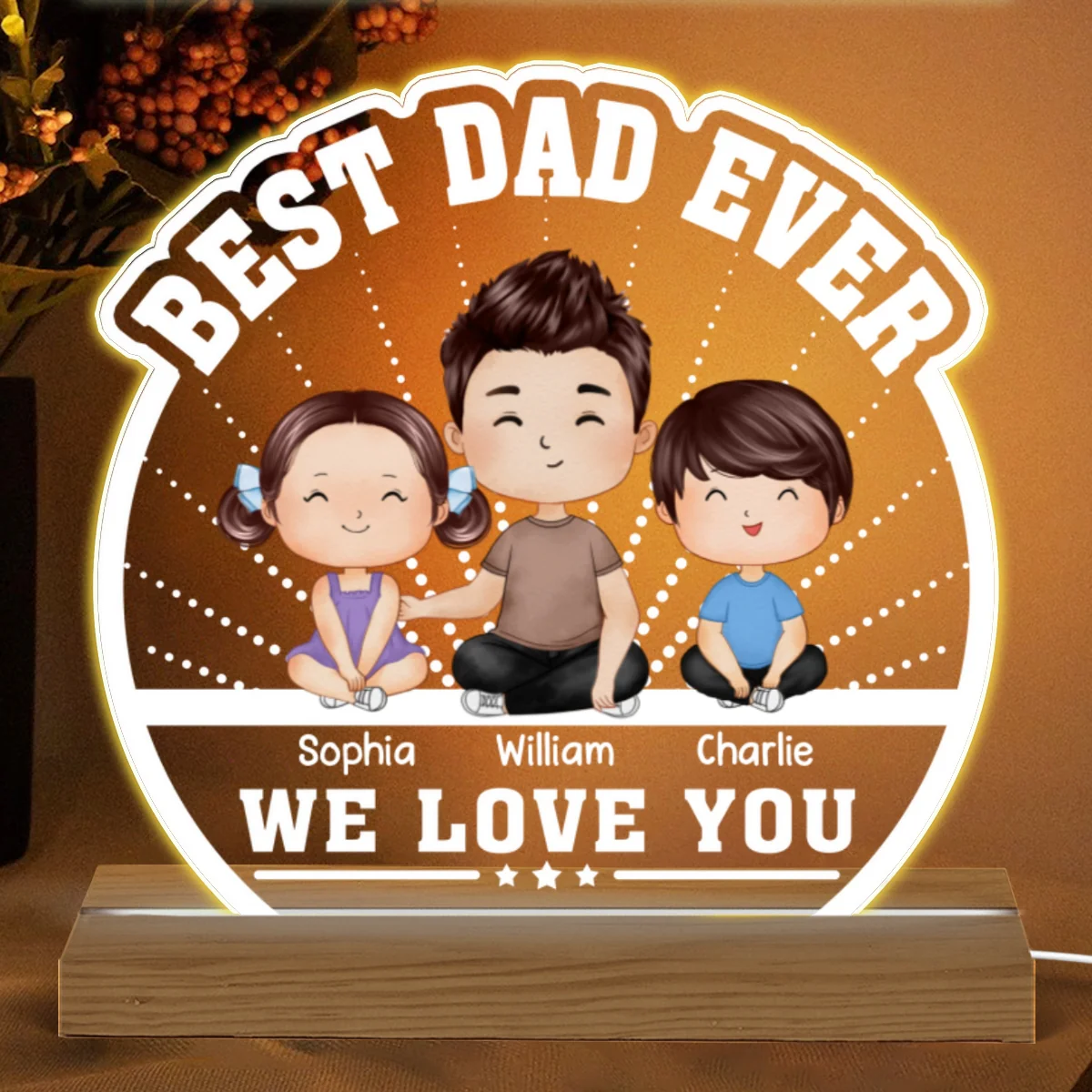 Best Dad Ever Watercolor Dad & Kids Sitting Personalized Custom Shaped Acrylic Plaque With Warm LED Night Light - Image 4