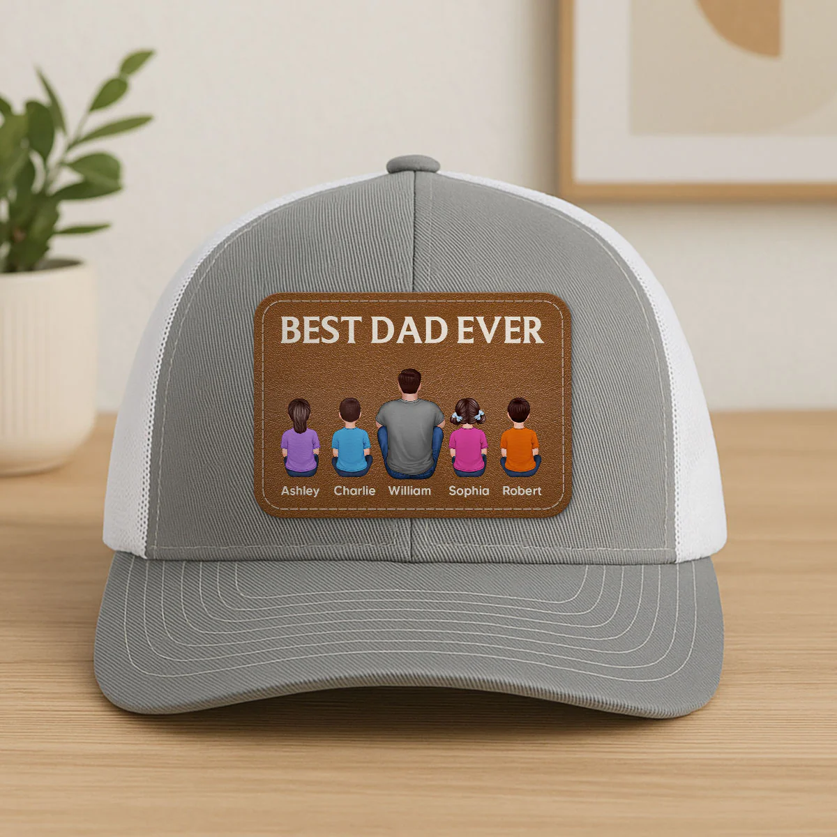 Best Dad Grandpa Ever Back View Sitting With Kids Personalized Leather Patch Hat
