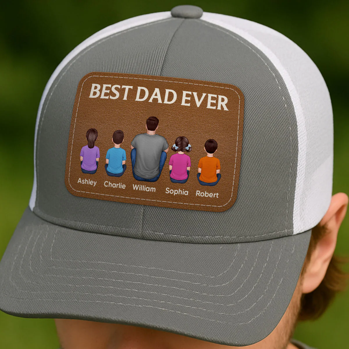 Best Dad Grandpa Ever Back View Sitting With Kids Personalized Leather Patch Hat - Image 5