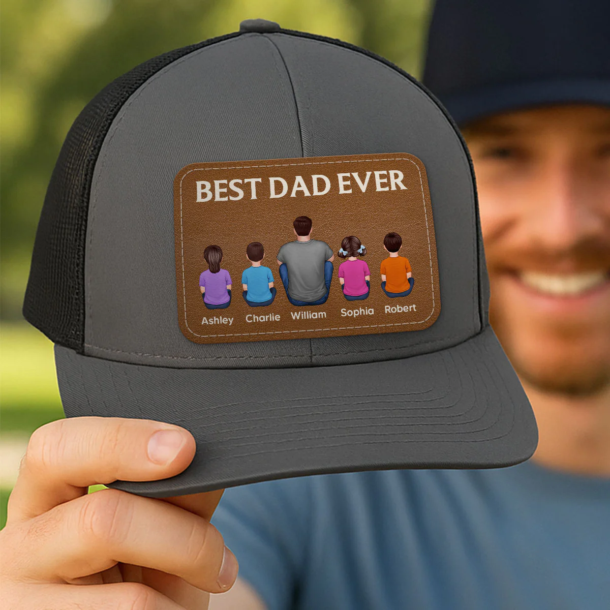 Best Dad Grandpa Ever Back View Sitting With Kids Personalized Leather Patch Hat - Image 6