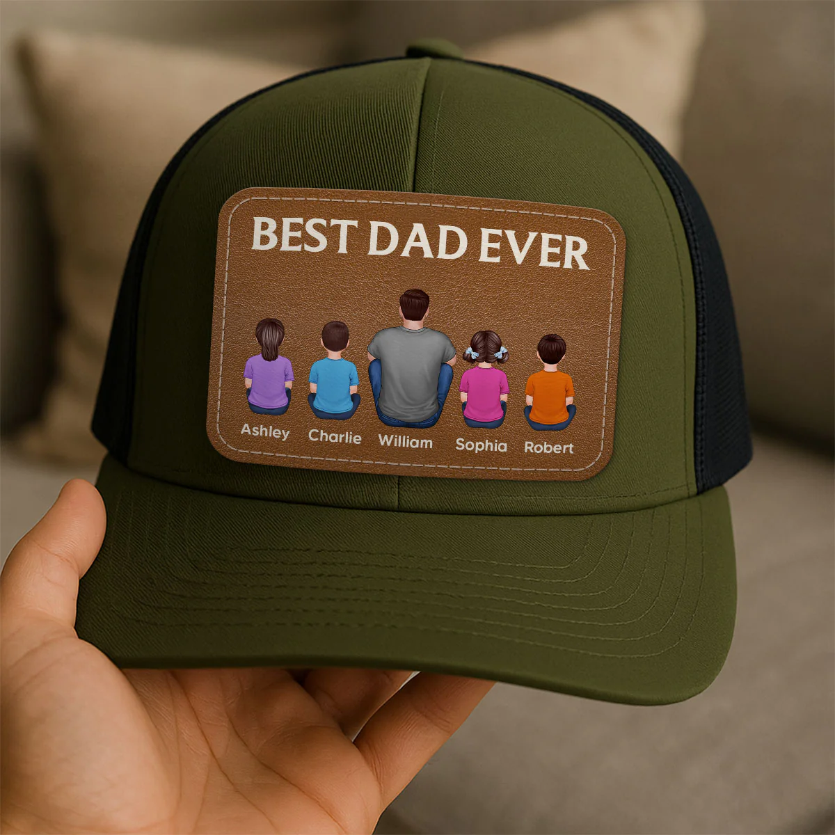 Best Dad Grandpa Ever Back View Sitting With Kids Personalized Leather Patch Hat - Image 8