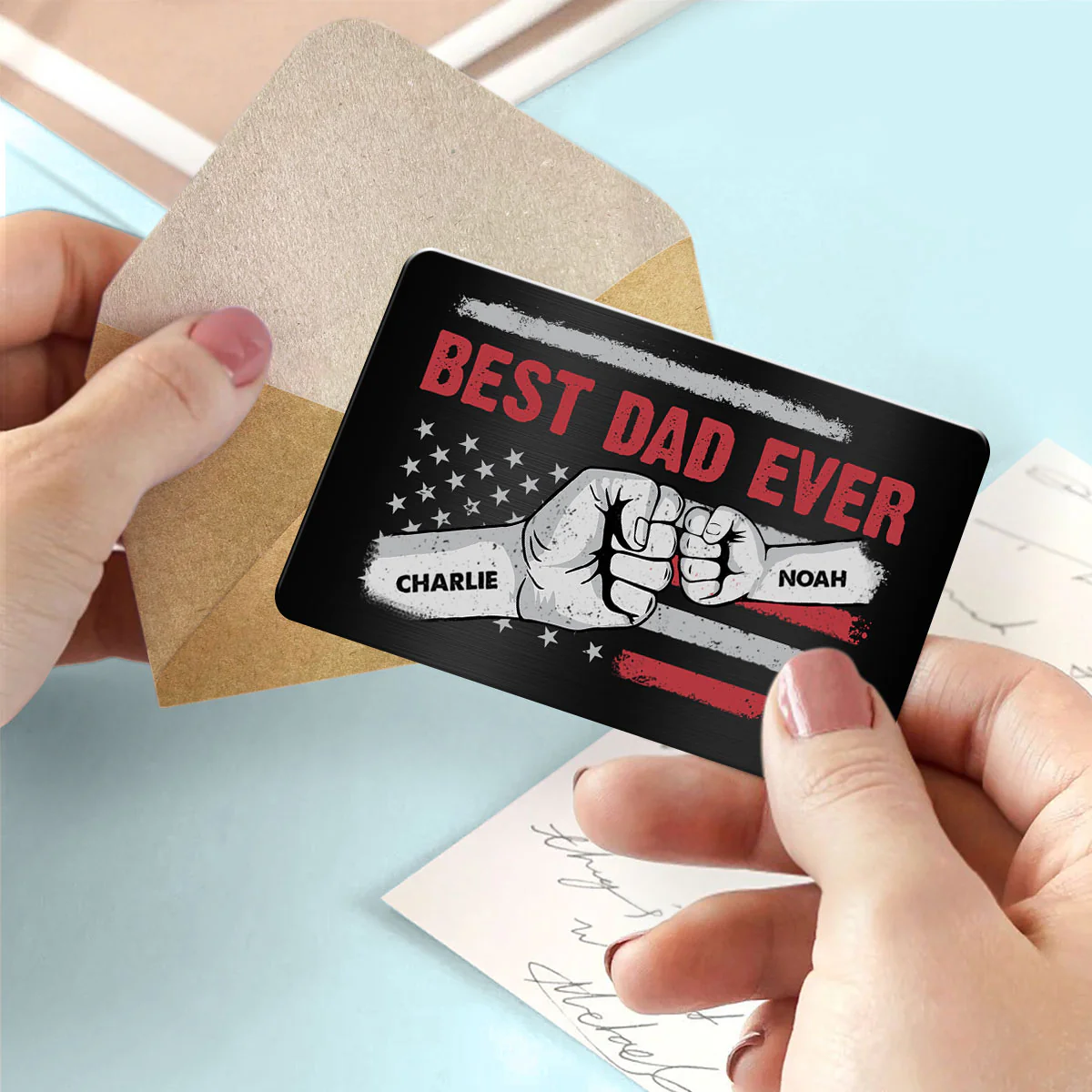 Best Dad Grandpa Ever Flag Punch Hand Wallet Insert Personalized Metal Wallet Card - Image 3
