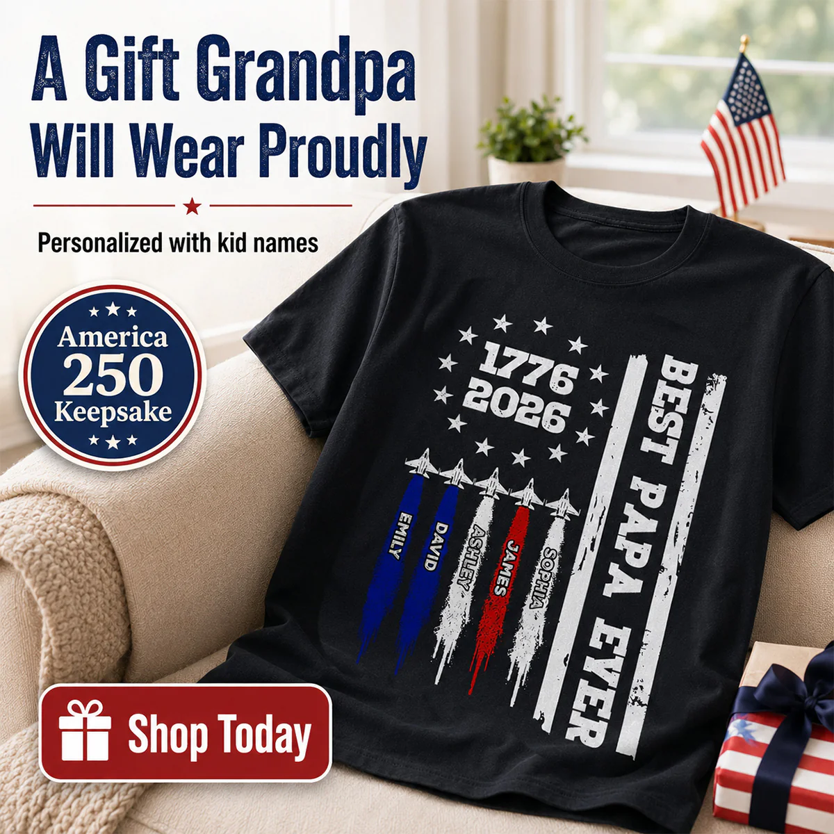 Best Dad Grandpa Ever Jets Smoke Custom Kid Name - Personalized Shirt - American 250th Anniversary Keepsake For Husband, Dad, Grandpa - Image 9