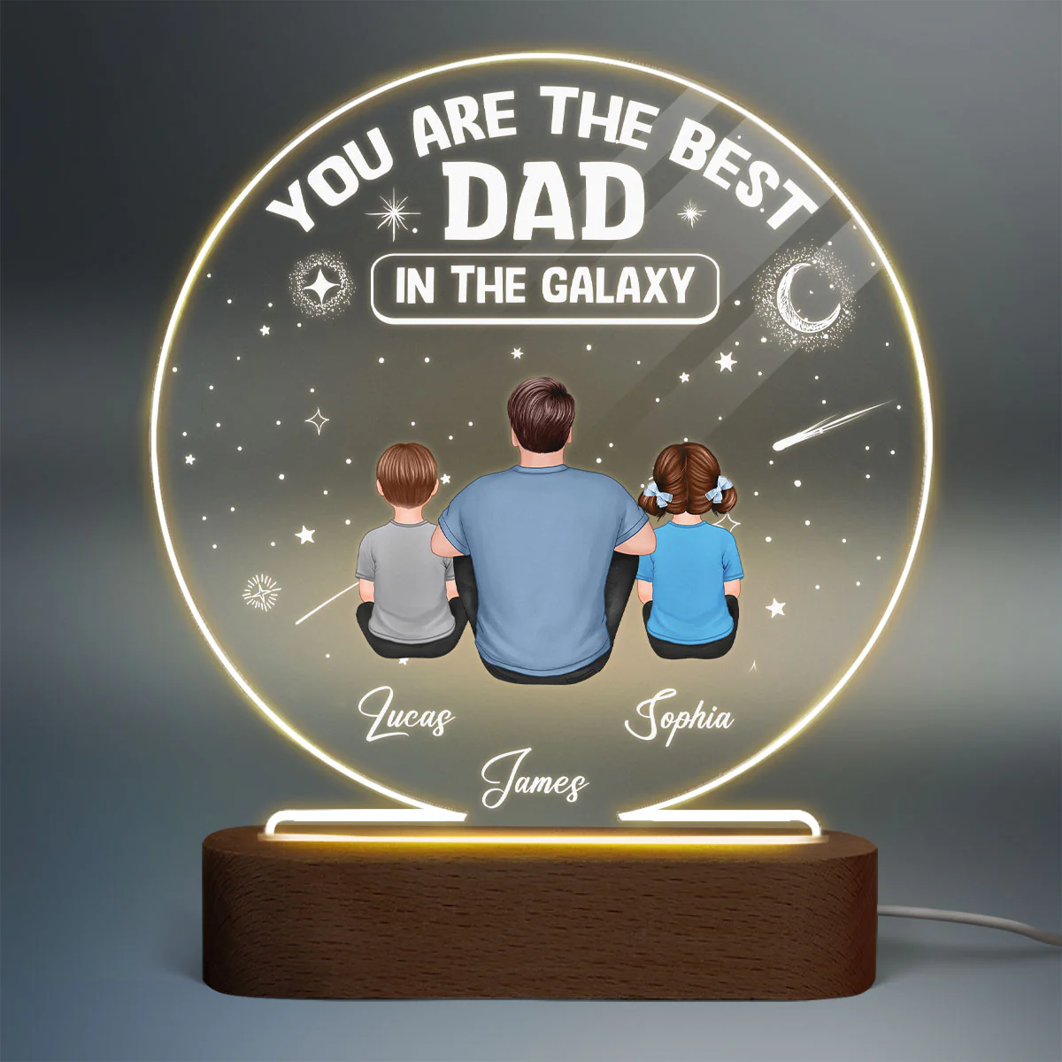 Best Dad In The Galaxy Back View Man Sitting With Kids Dogs Cats Personalized Personalized Circle Acrylic Plaque LED Night Light - Image 2