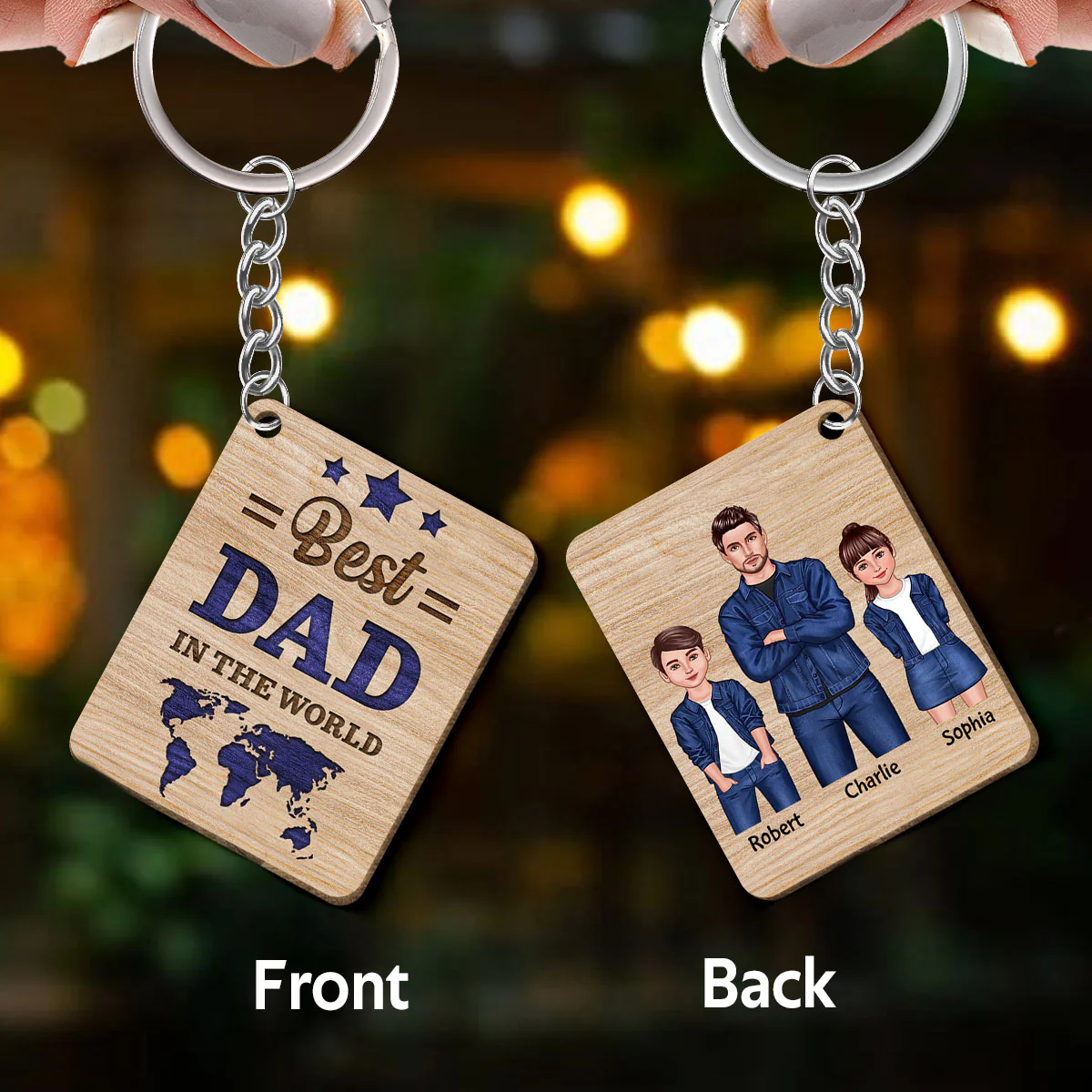 Best Dad In The World Dad And Kids Standing Front View Personalized Wooden Keychain - Image 3