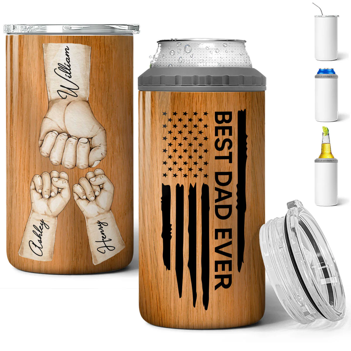 Best Dad Papa Grandpa Ever Fist Bumps Watercolor Nation Flag Gift For Husband Father Figures Personalized 4 In 1 Can Cooler - Image 2