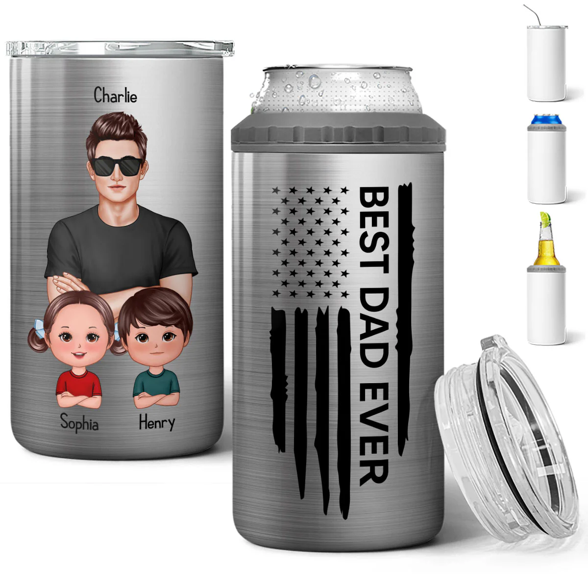 Best Dad Papa Grandpa Ever Man & Kids Nation Flag Father‘s Day Gift For Husband Father Figures Personalized 4 In 1 Can Cooler - Image 4