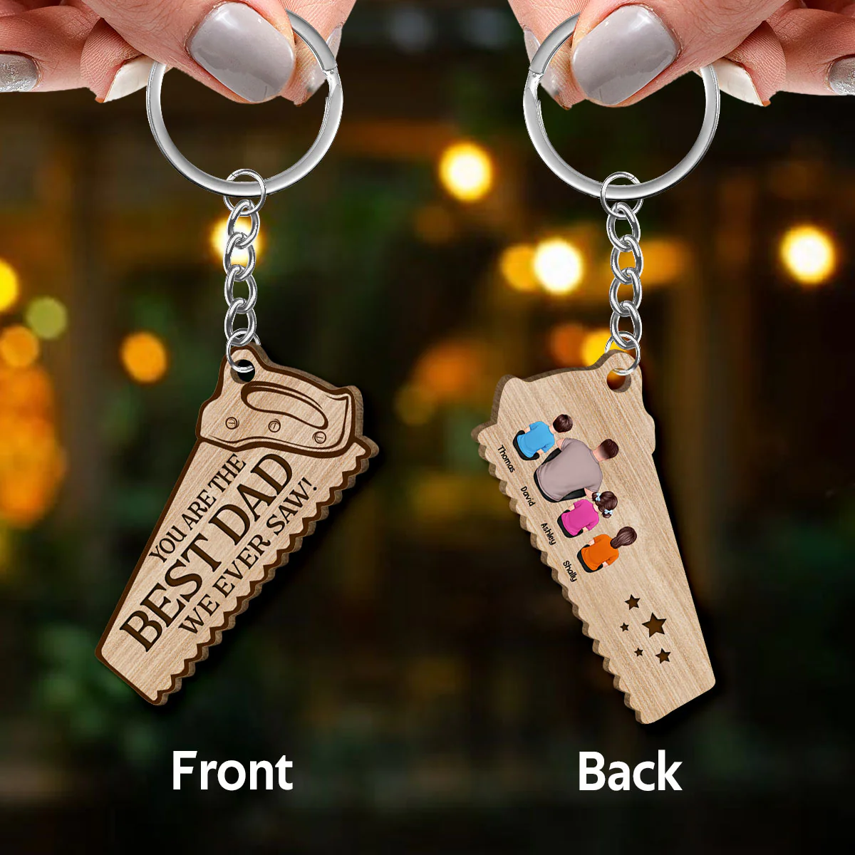 Best Dad We Ever Saw Back View Man Kid Dog Cat Personalized Wooden Keychain - Image 3