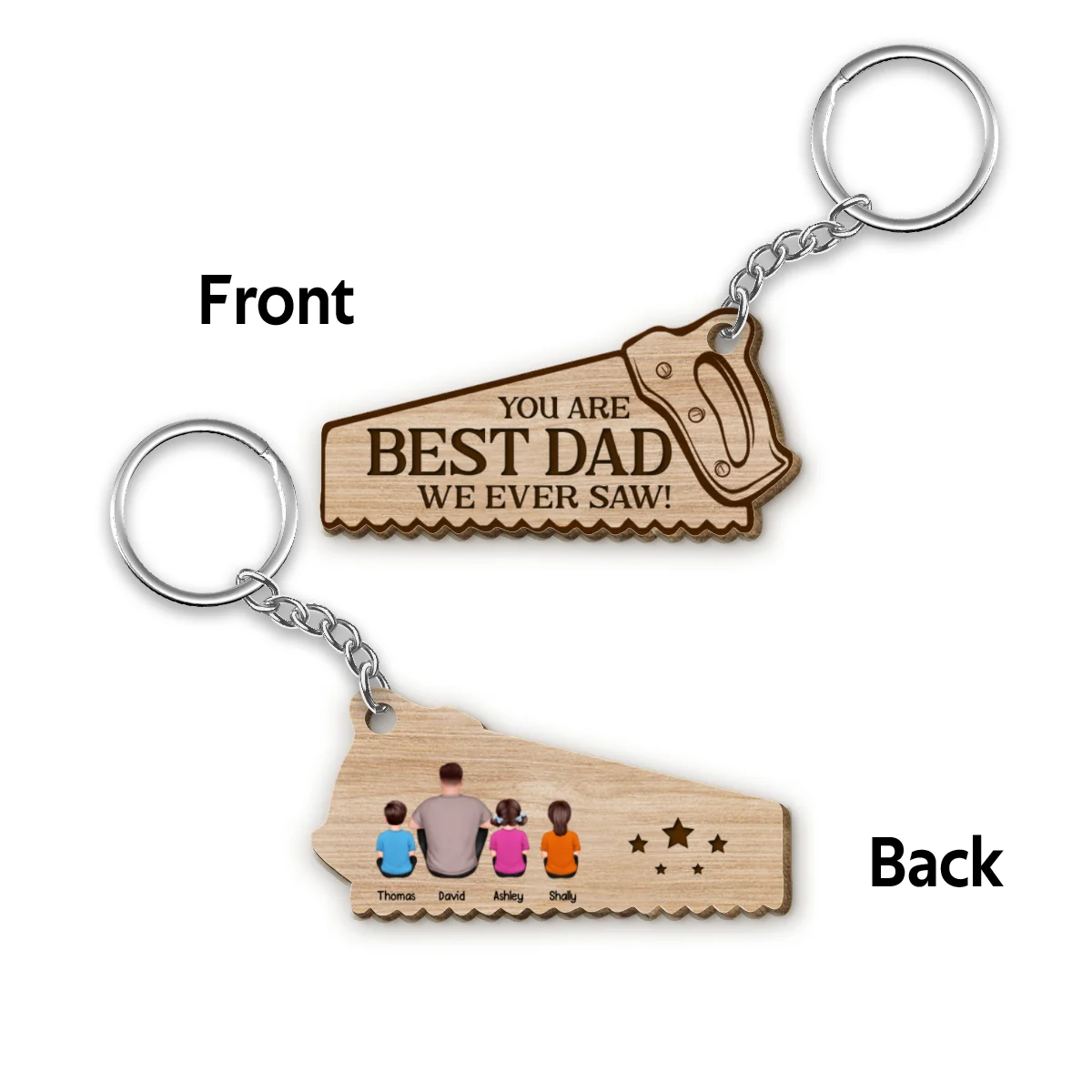 Best Dad We Ever Saw Back View Man Kid Dog Cat Personalized Wooden Keychain - Image 4
