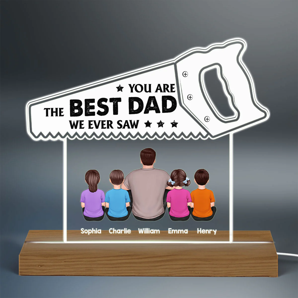 Best Dad We Ever Saw Back View Man Kids Dog Cat Father‘s Day Gift Personalized Warm Custom Shape Acrylic Plaque LED Night Light - Image 3