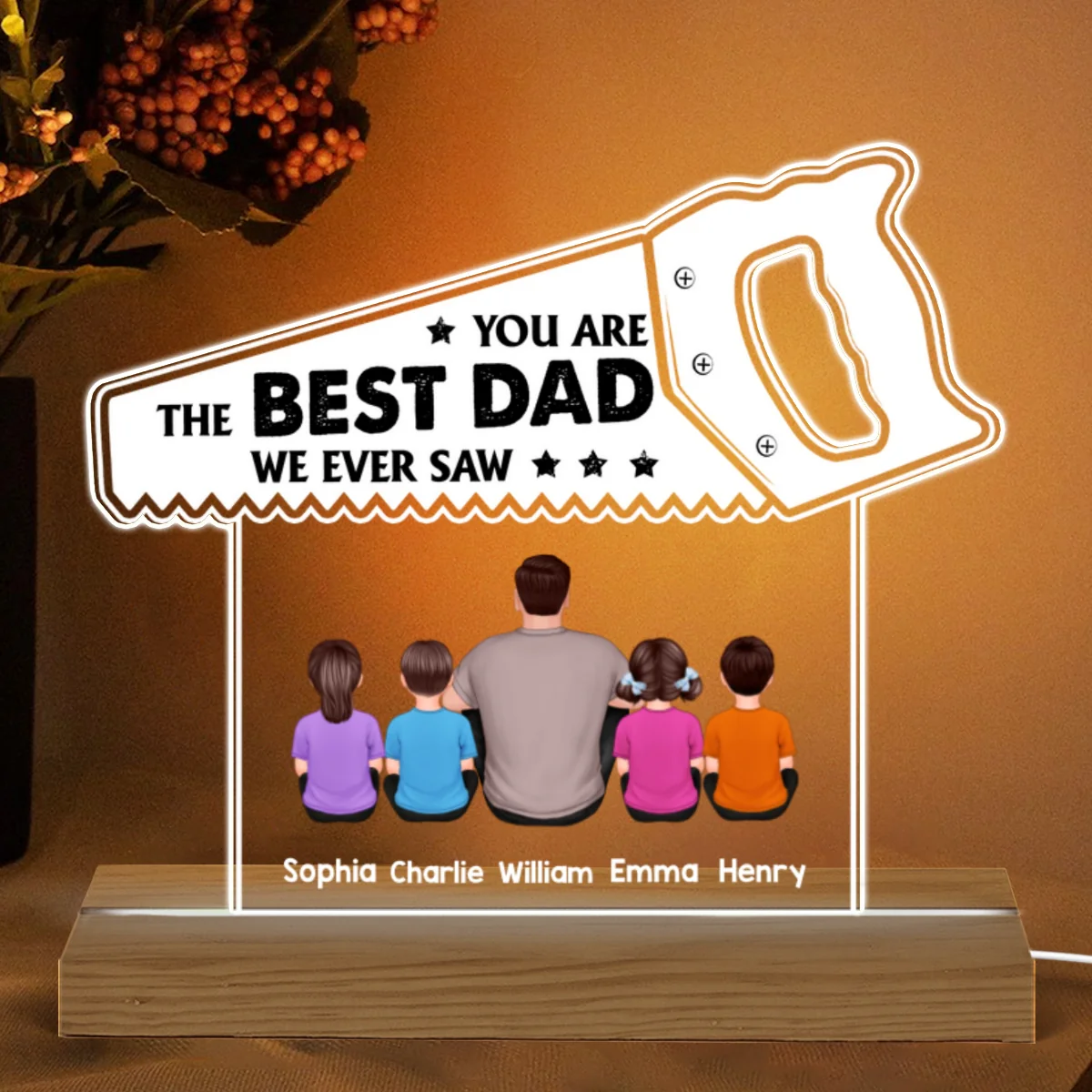 Best Dad We Ever Saw Back View Man Kids Dog Cat Father‘s Day Gift Personalized Warm Custom Shape Acrylic Plaque LED Night Light - Image 4