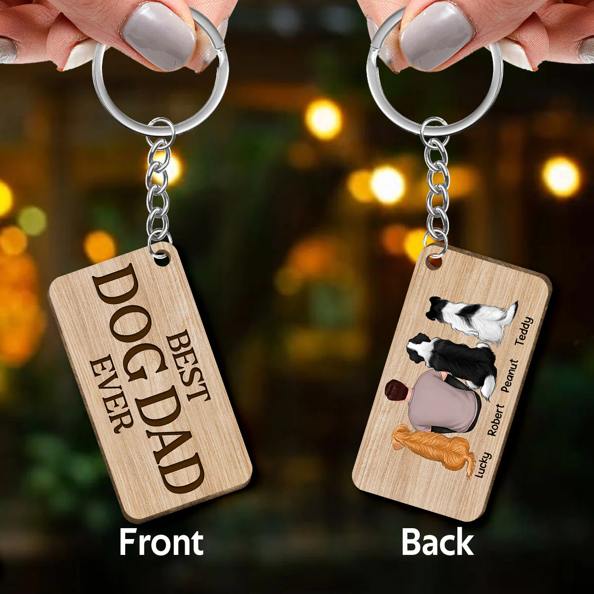 Best Dog Dad Ever Back View Sitting Man & Dogs Personalized Wooden Keychain - Image 3
