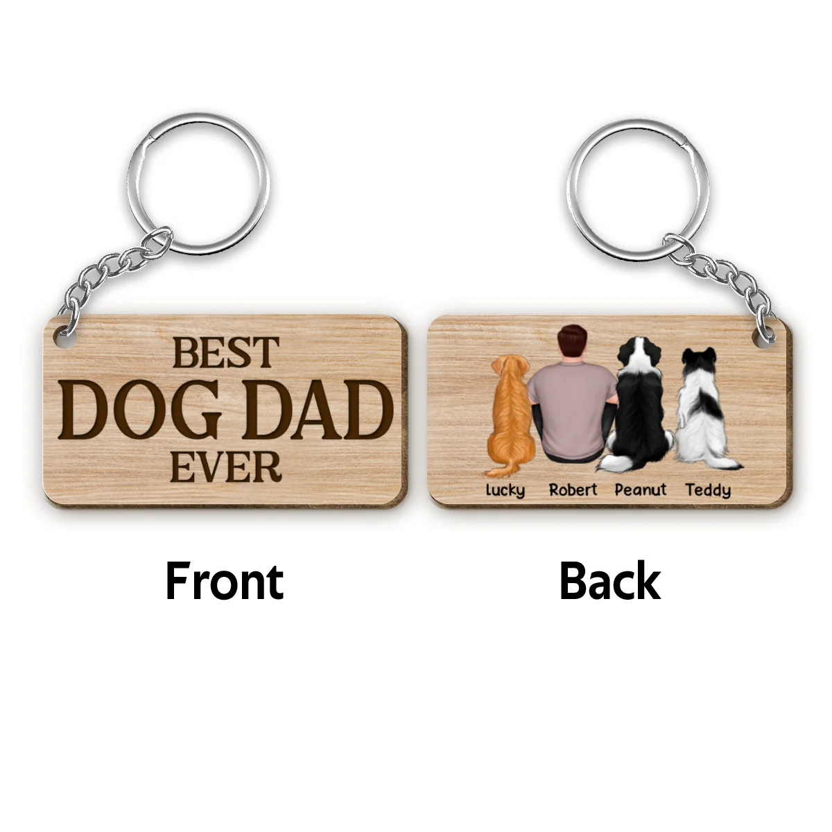 Best Dog Dad Ever Back View Sitting Man & Dogs Personalized Wooden Keychain - Image 4