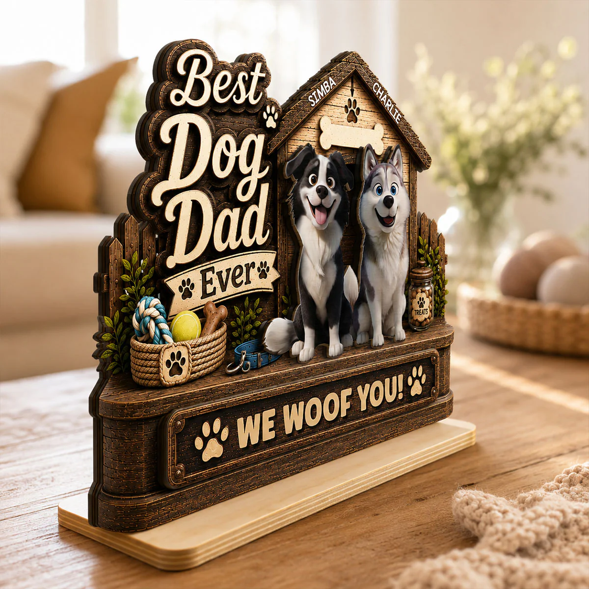 Best Dog Dad Ever Cute Dogs 2D Flat - Personalized 2-Layered Wooden Plaque -  Gift For Dog Dad - Image 4