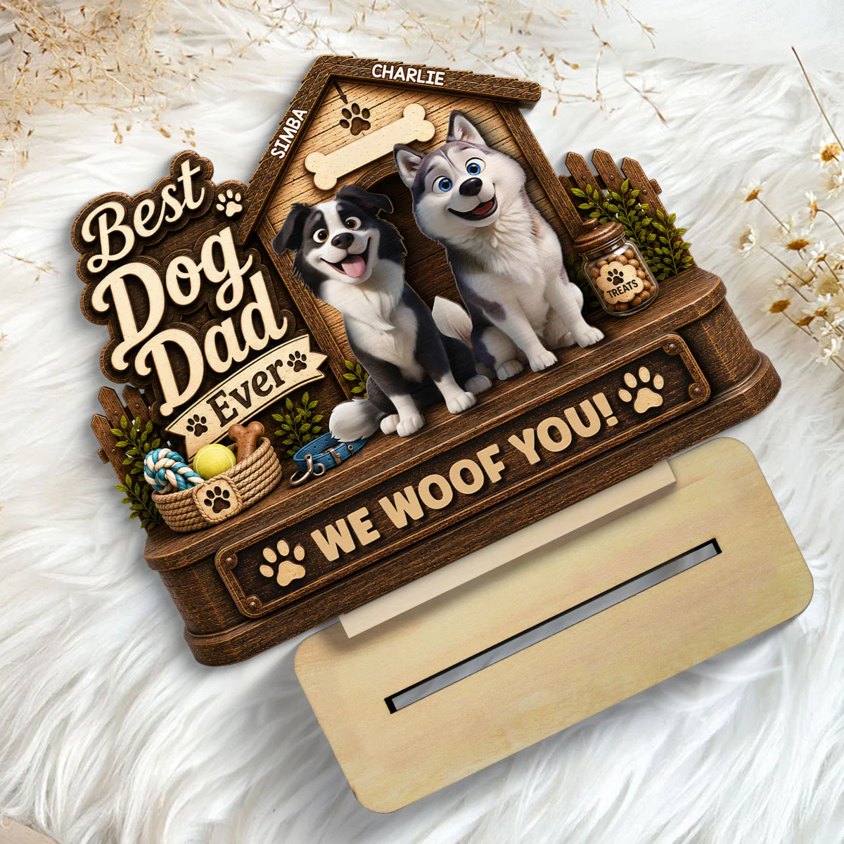 Best Dog Dad Ever Cute Dogs 2D Flat - Personalized 2-Layered Wooden Plaque -  Gift For Dog Dad - Image 6