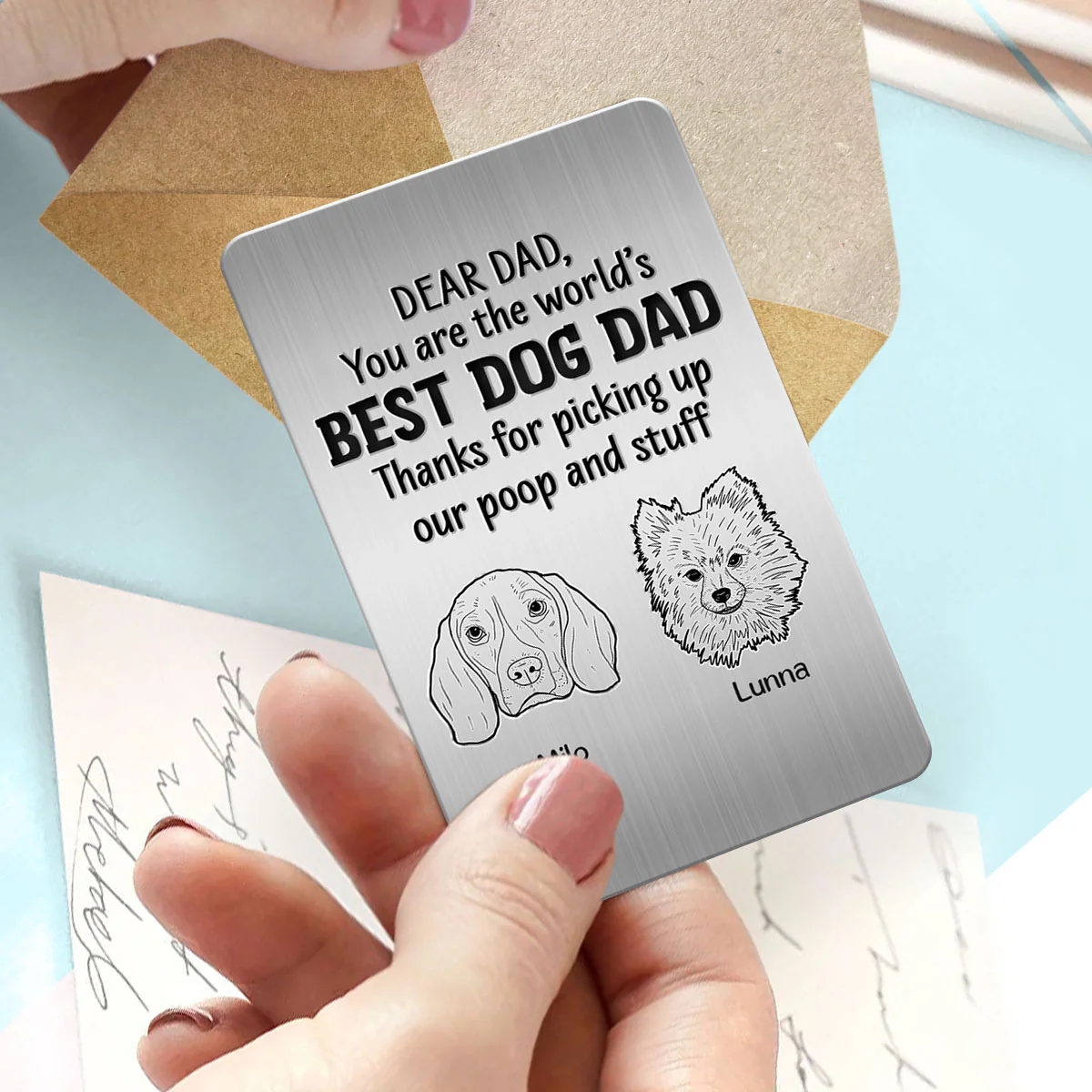 Best Dog Dad Ever Dog Head Outline Personalized Metal Wallet Card - Image 3