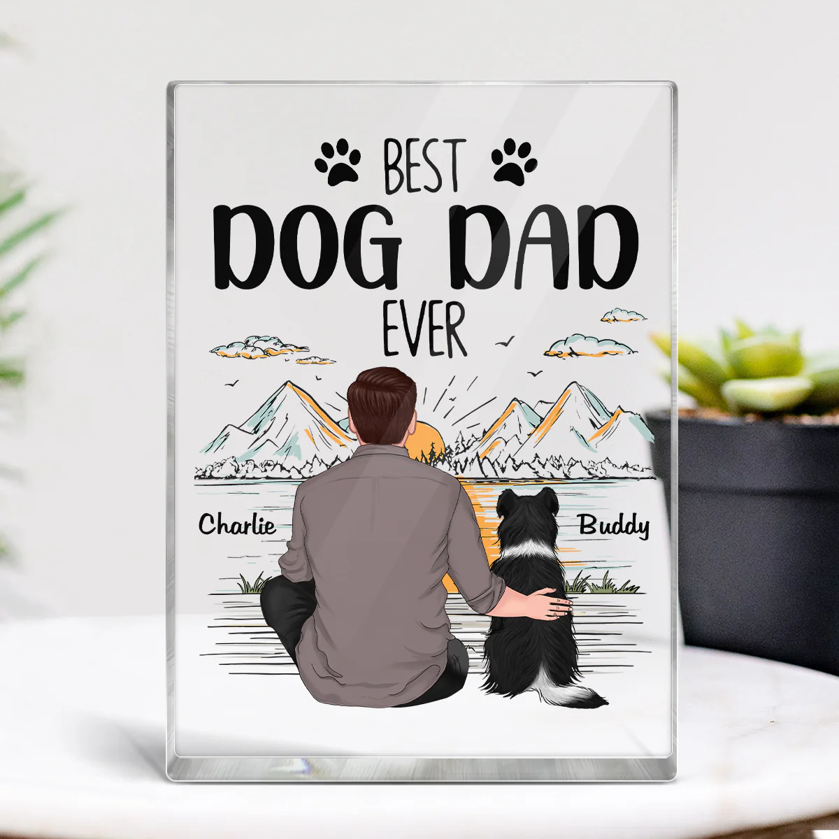 Best Dog Dad Ever Mountain Sketch Personalized Rectangle Acrylic Block Plaque