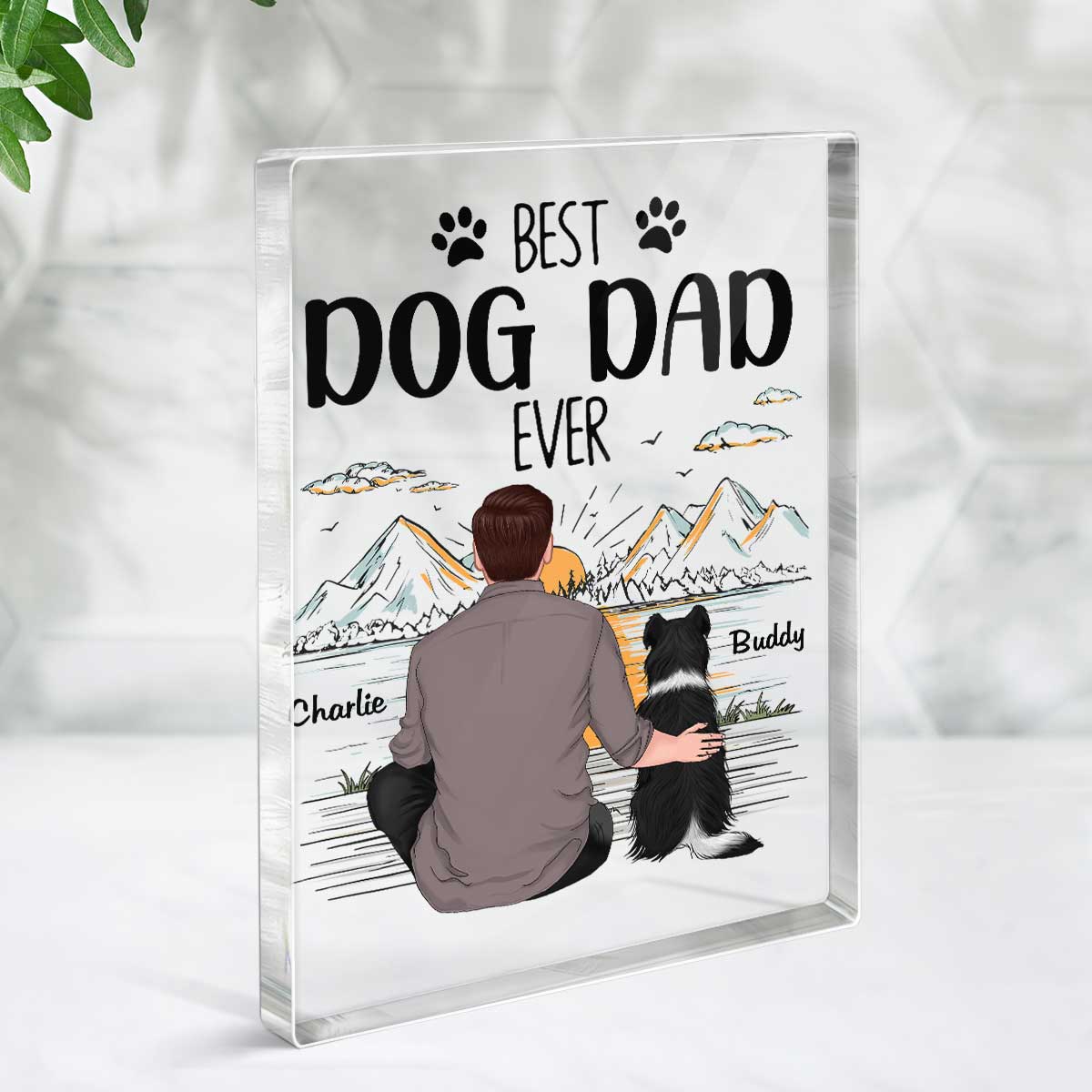Best Dog Dad Ever Mountain Sketch Personalized Rectangle Acrylic Block Plaque - Image 3