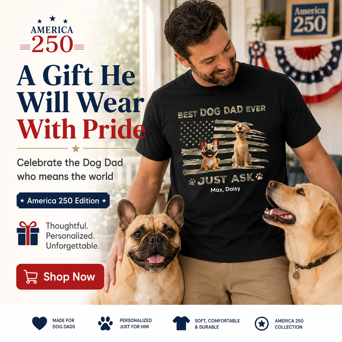 Best Dog Dad Ever Nation Flag - Personalized Shirt - Father's Day Gift For Dog Dad, Patriotic 4th Of July Gift, USA 250th Anniversary - Image 7