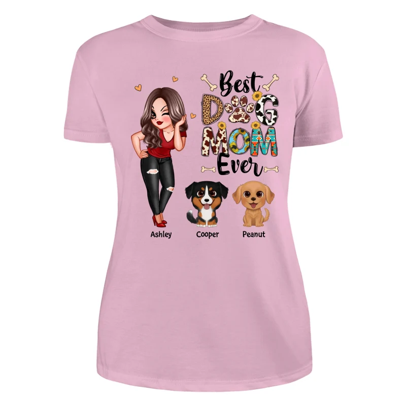 Best Dog Mom Ever Multi Pattern Pretty Girl & Cute Cartoon Sitting Dog Personalized Shirt - Image 11