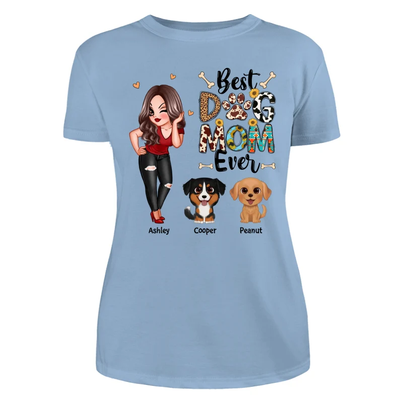 Best Dog Mom Ever Multi Pattern Pretty Girl & Cute Cartoon Sitting Dog Personalized Shirt - Image 12