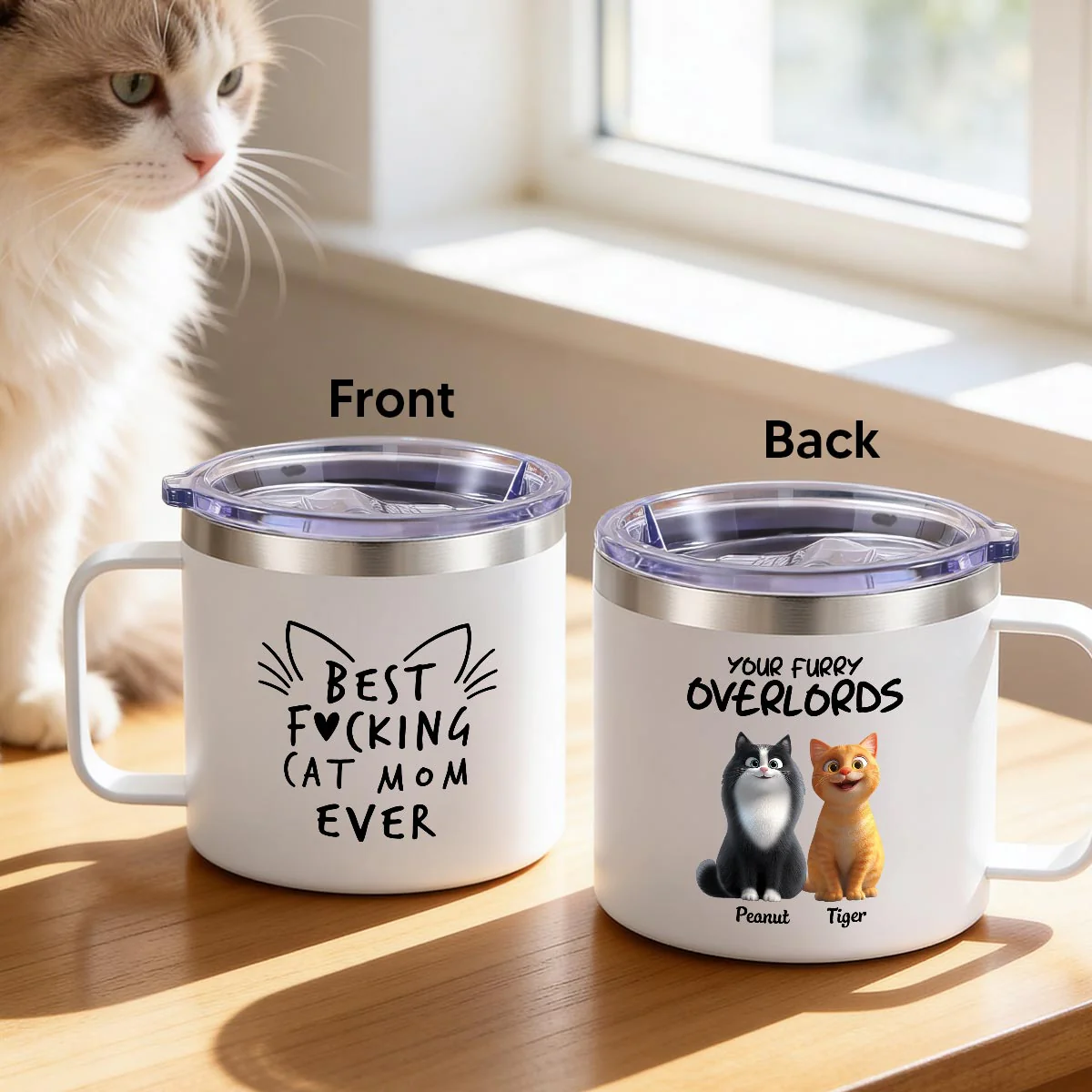 Best Fcking Cat Mom Ever Cartoon Cats - Personalized Stainless Steel Tumbler with Handle - Mother's Day Gift For Cat Lovers - Image 10
