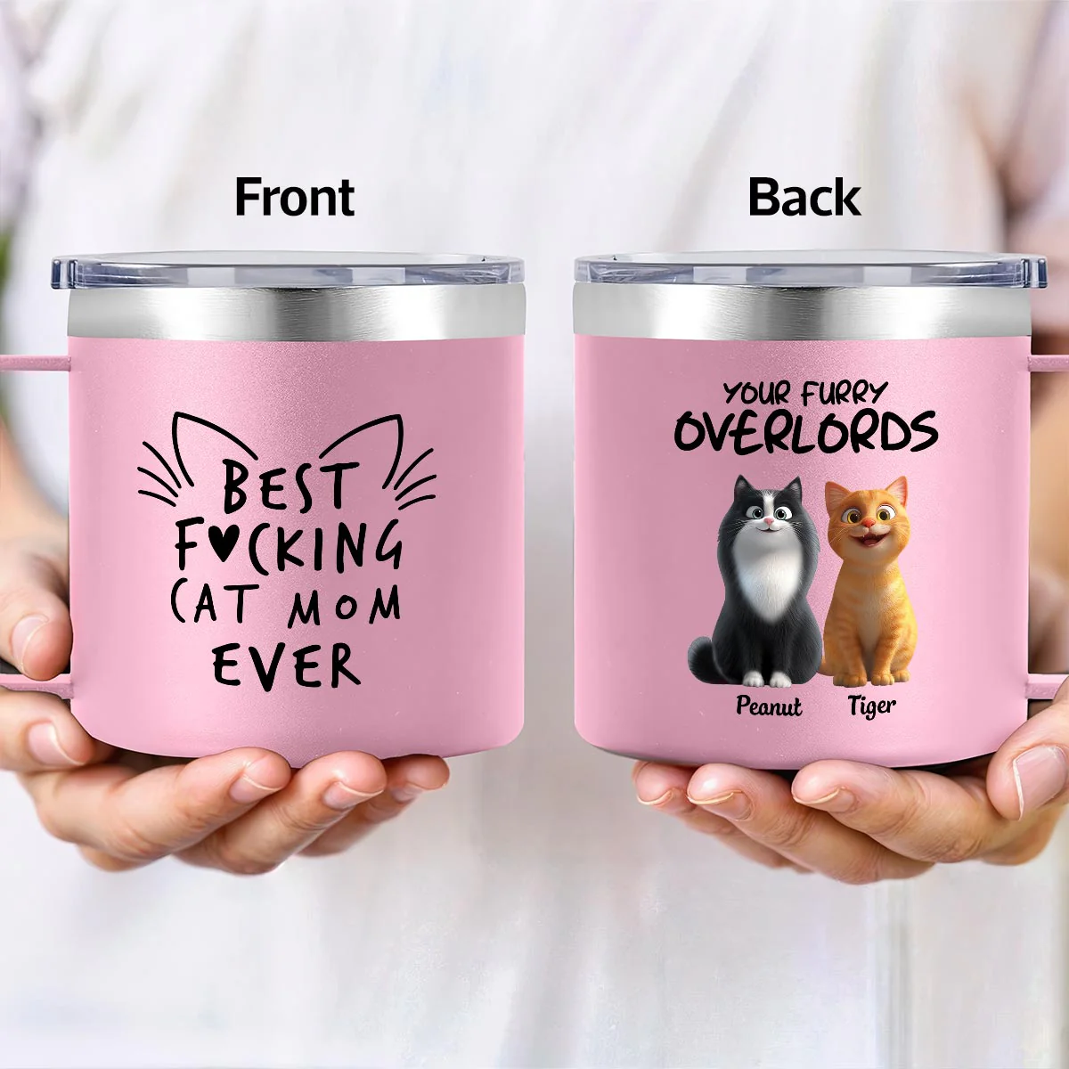 Best Fcking Cat Mom Ever Cartoon Cats - Personalized Stainless Steel Tumbler with Handle - Mother's Day Gift For Cat Lovers - Image 3