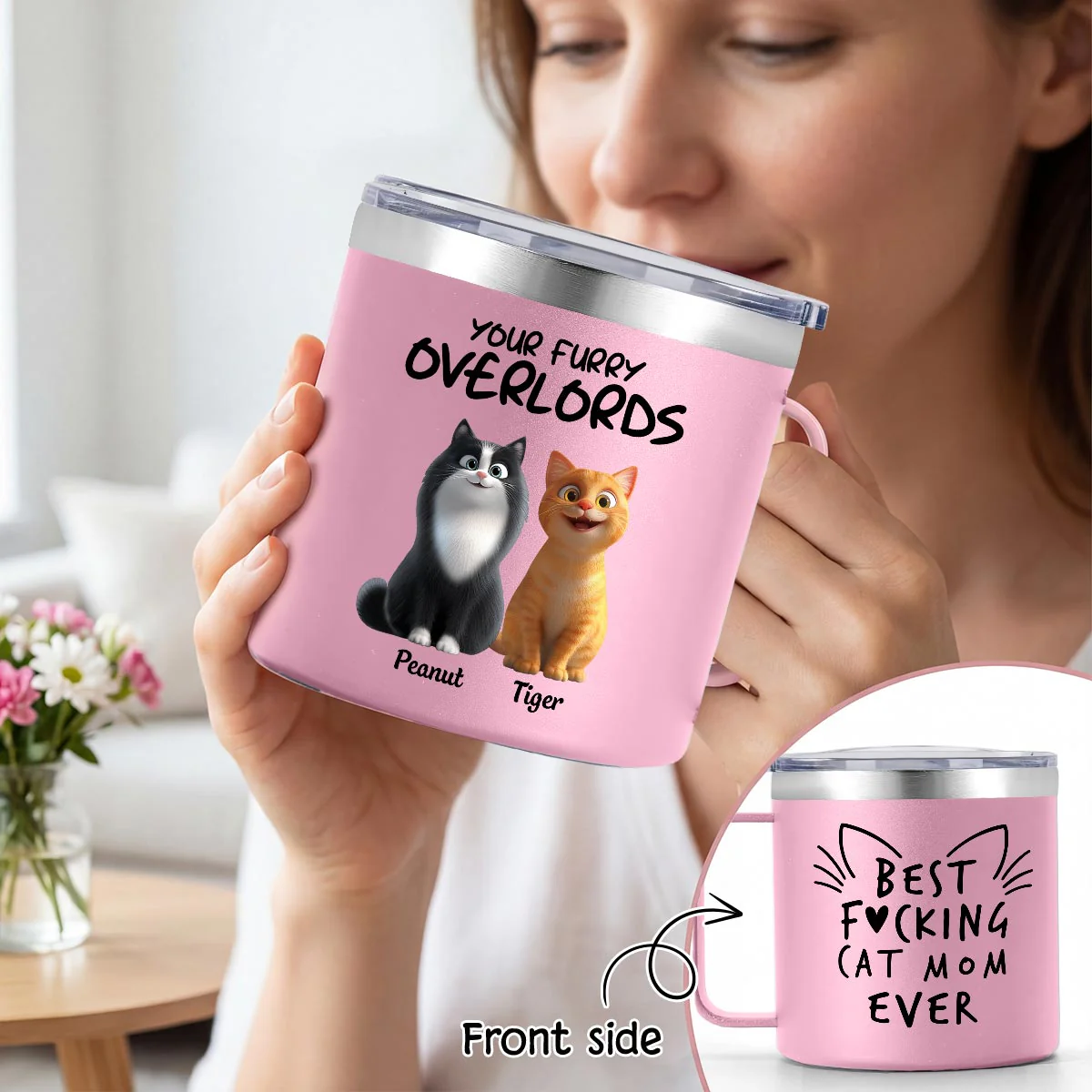 Best Fcking Cat Mom Ever Cartoon Cats - Personalized Stainless Steel Tumbler with Handle - Mother's Day Gift For Cat Lovers - Image 6