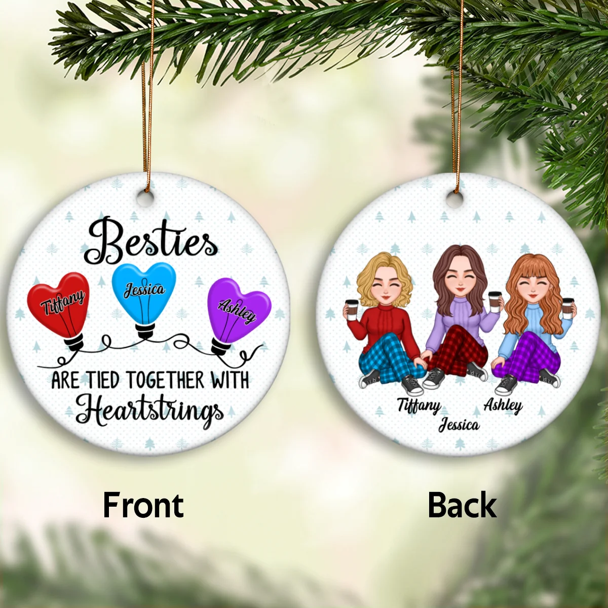 Best Friends Sisters Heartstring Personalized Double Sided Circle Ornament - Image 5