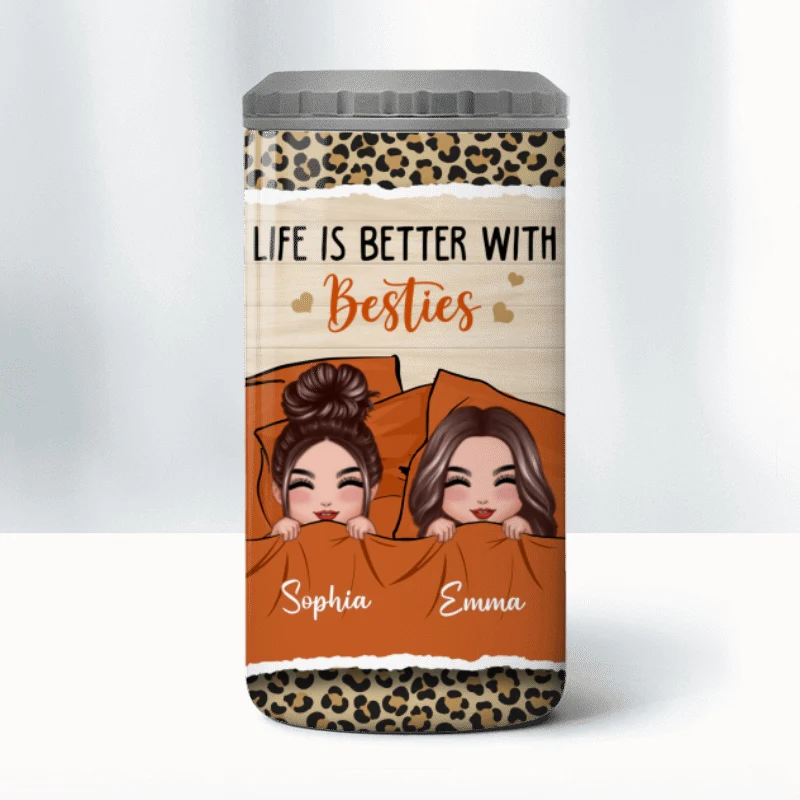 Best Friends Sisters On Bed Personalized 4 In 1 Can Cooler - Image 10