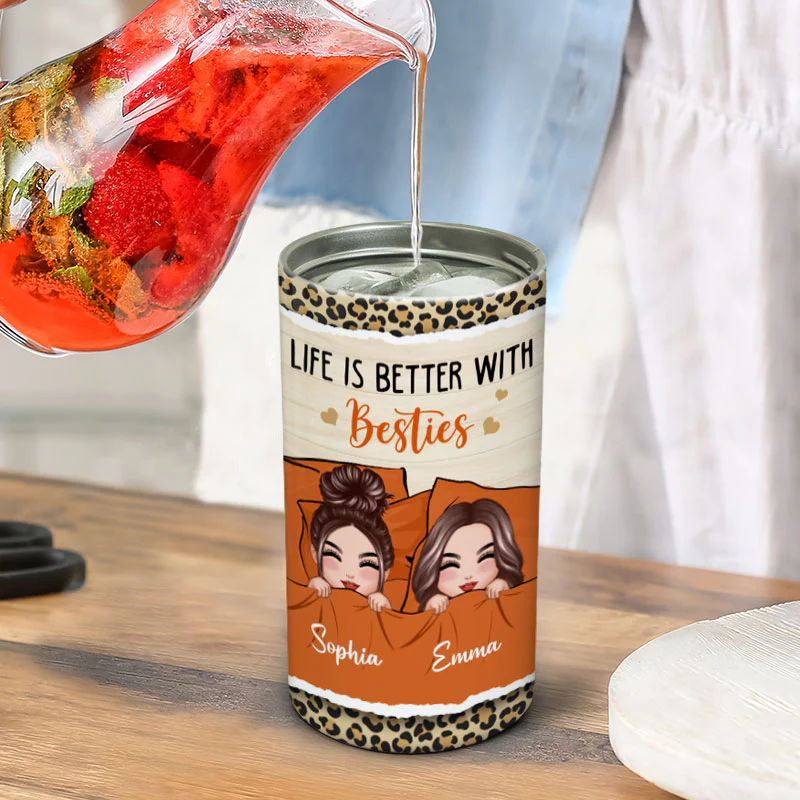Best Friends Sisters On Bed Personalized 4 In 1 Can Cooler - Image 6