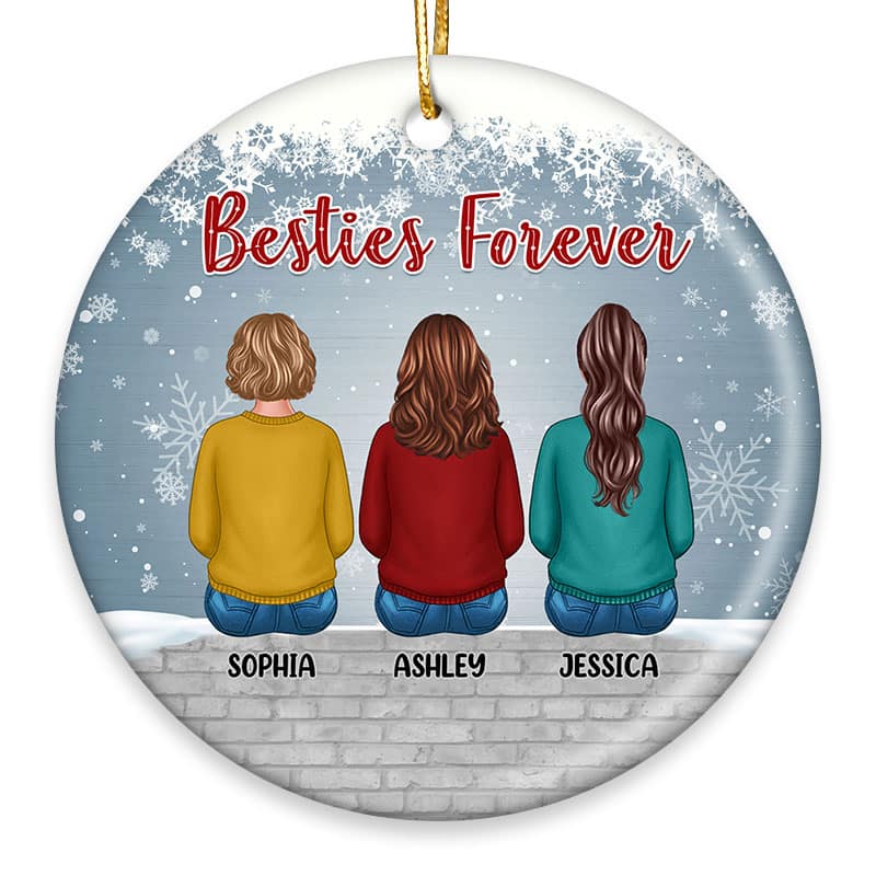 Best Friends Sisters Sitting On Snow Wall Personalized Circle Ornament - Image 2